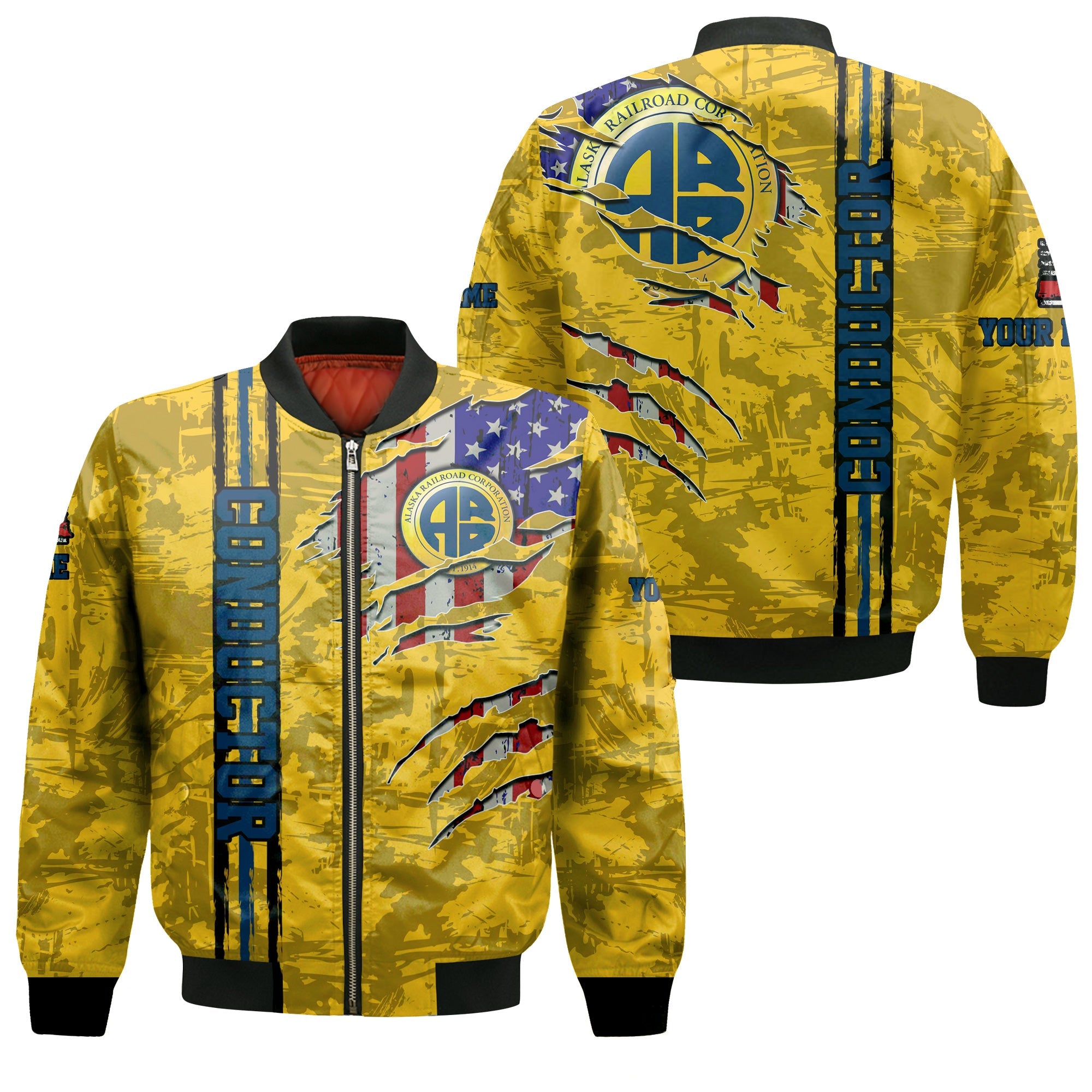 Railspirit Personalized Alaska Railroad Bomber Jacket USA Flag Claw Art with Custom Job Train Jacket