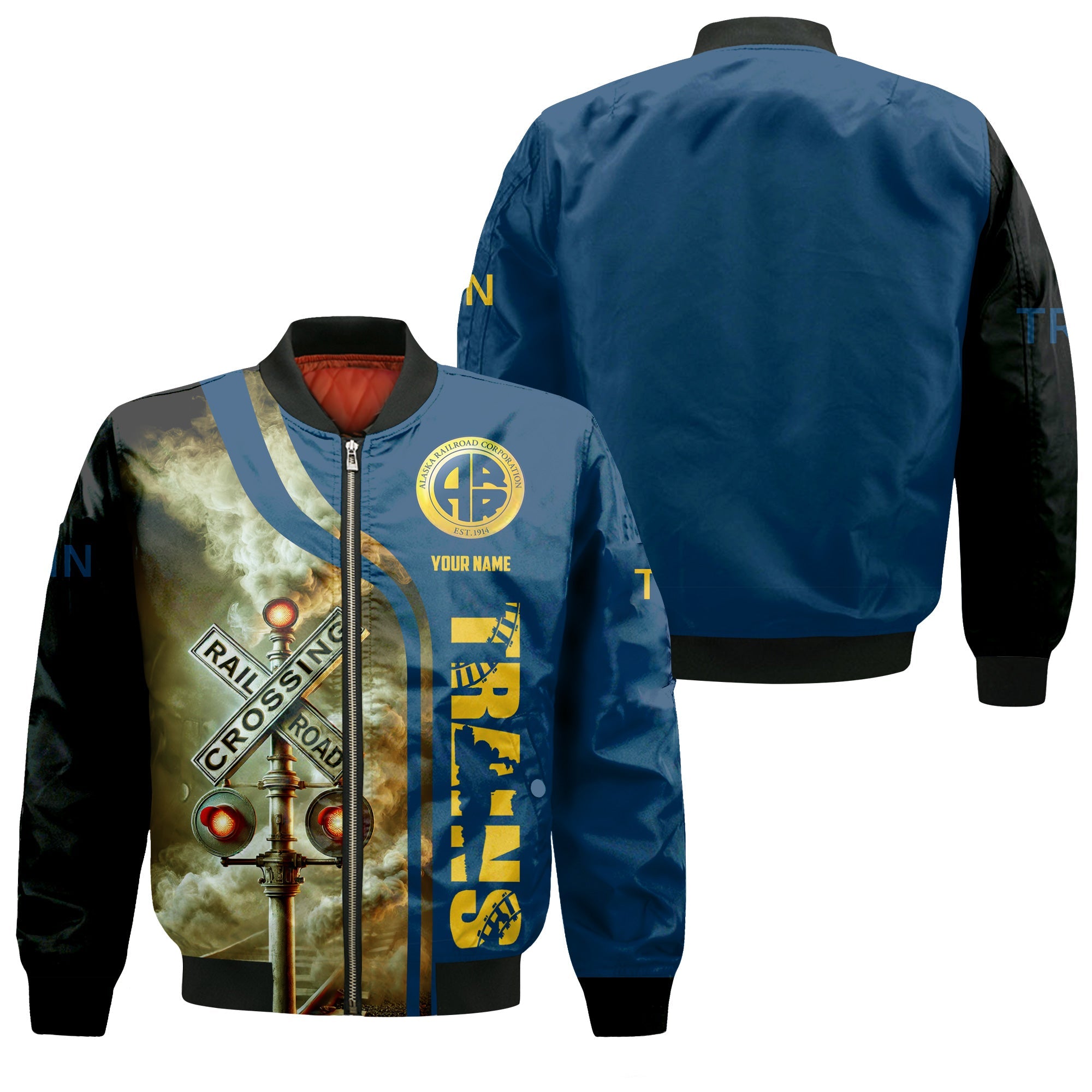 Railspirit Personalized Alaska Railroad Bomber Jacket Railroad Crossing Sign Train Bomber All Over Print