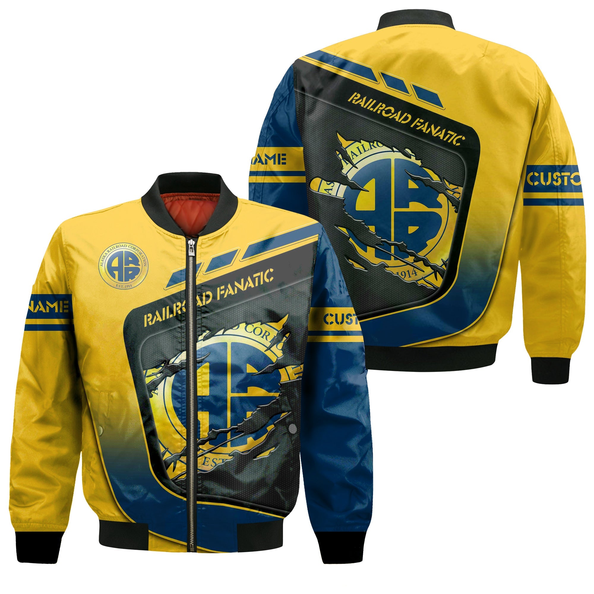Railspirit Personalized Alaska Railroad Bomber Jacket Ripped Texture Style Train Jacket For Railroad Fanatic