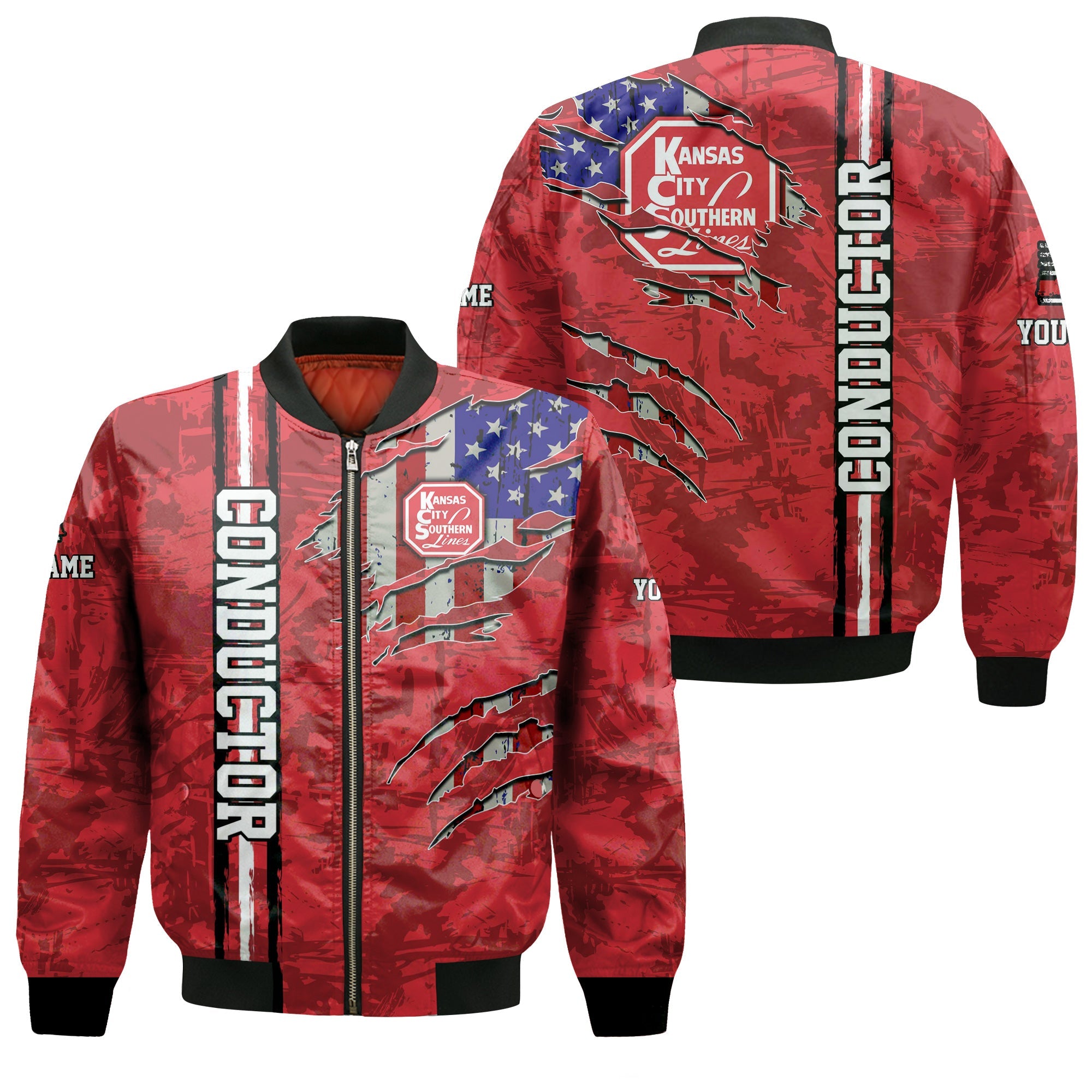 Railspirit Personalized Kansas City Southern Bomber Jacket USA Flag Claw Art with Custom Job Train Jacket