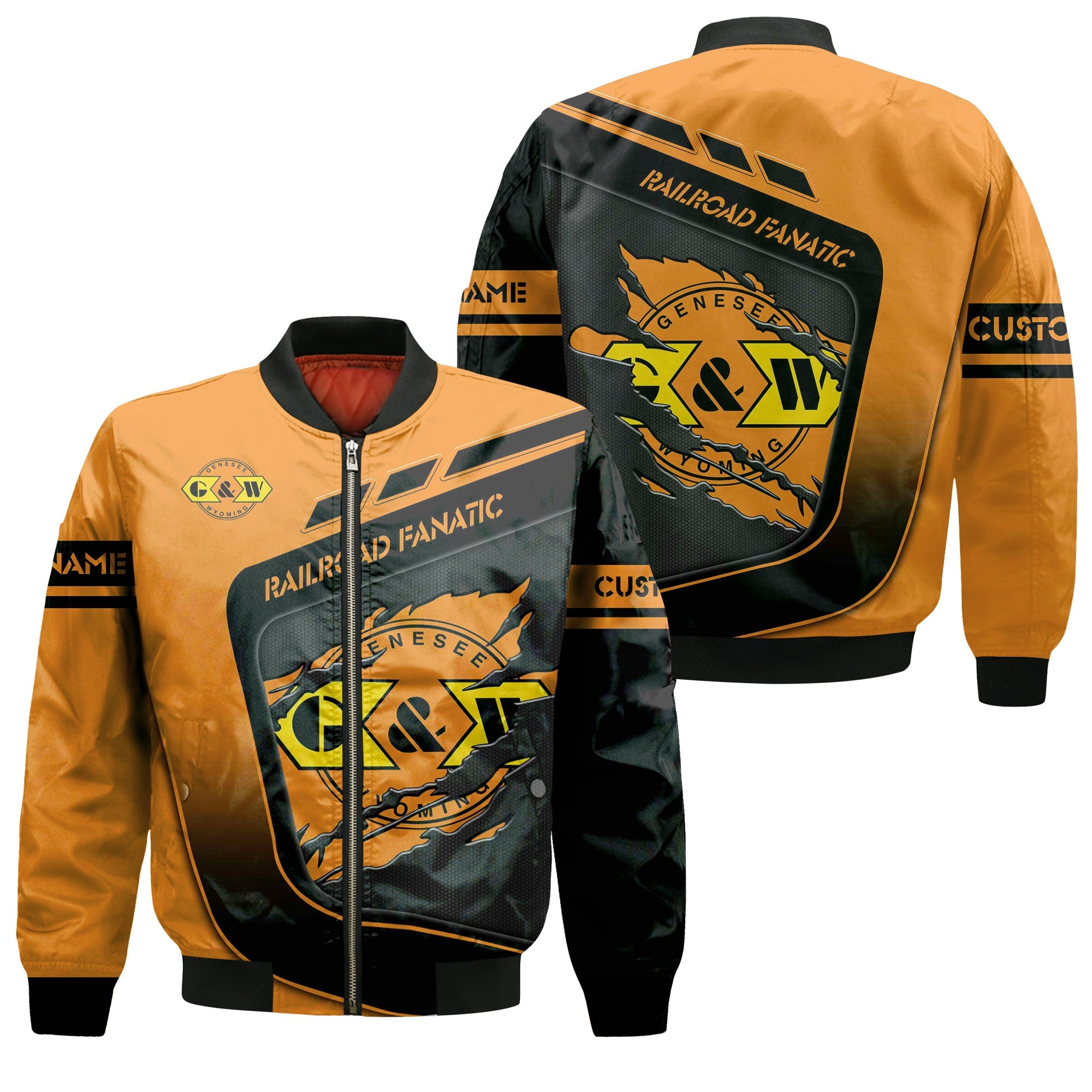 Railspirit Personalized Genesee & Wyoming Inc. Railroad Bomber Jacket Ripped Texture Style Train Jacket For Railroad Fanatic