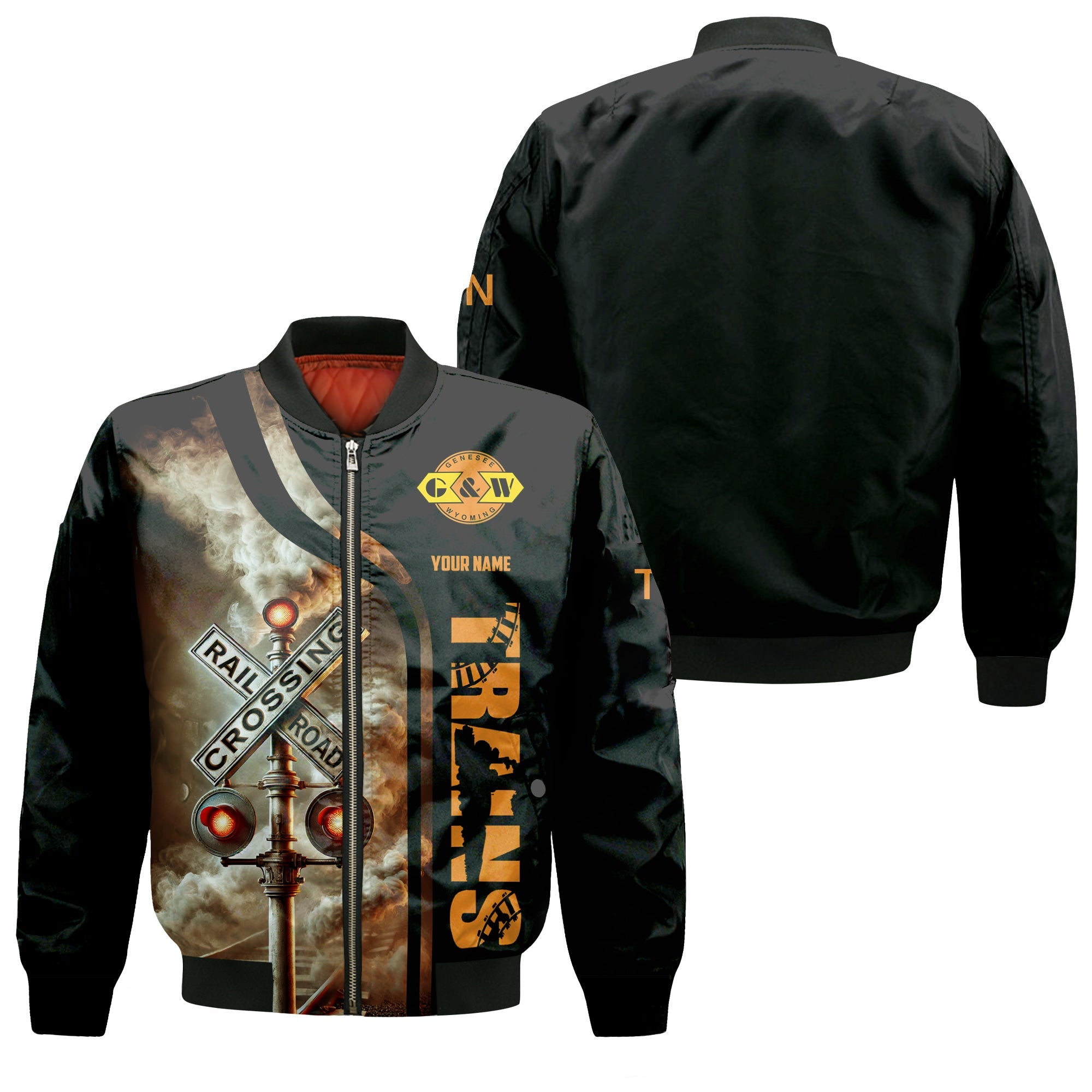 Railspirit Personalized Genesee & Wyoming Inc. Railroad Bomber Jacket Railroad Crossing Sign Train Bomber All Over Print