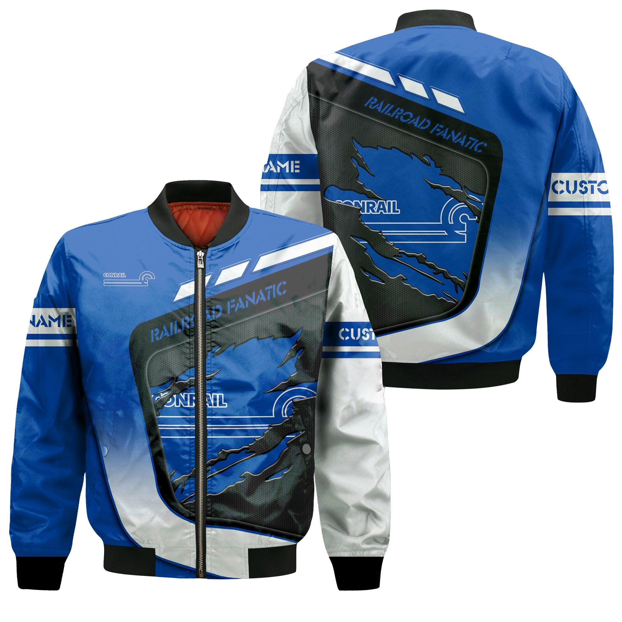 Railspirit Personalized Conrail Railroad Bomber Jacket Ripped Texture Style Train Jacket For Railroad Fanatic