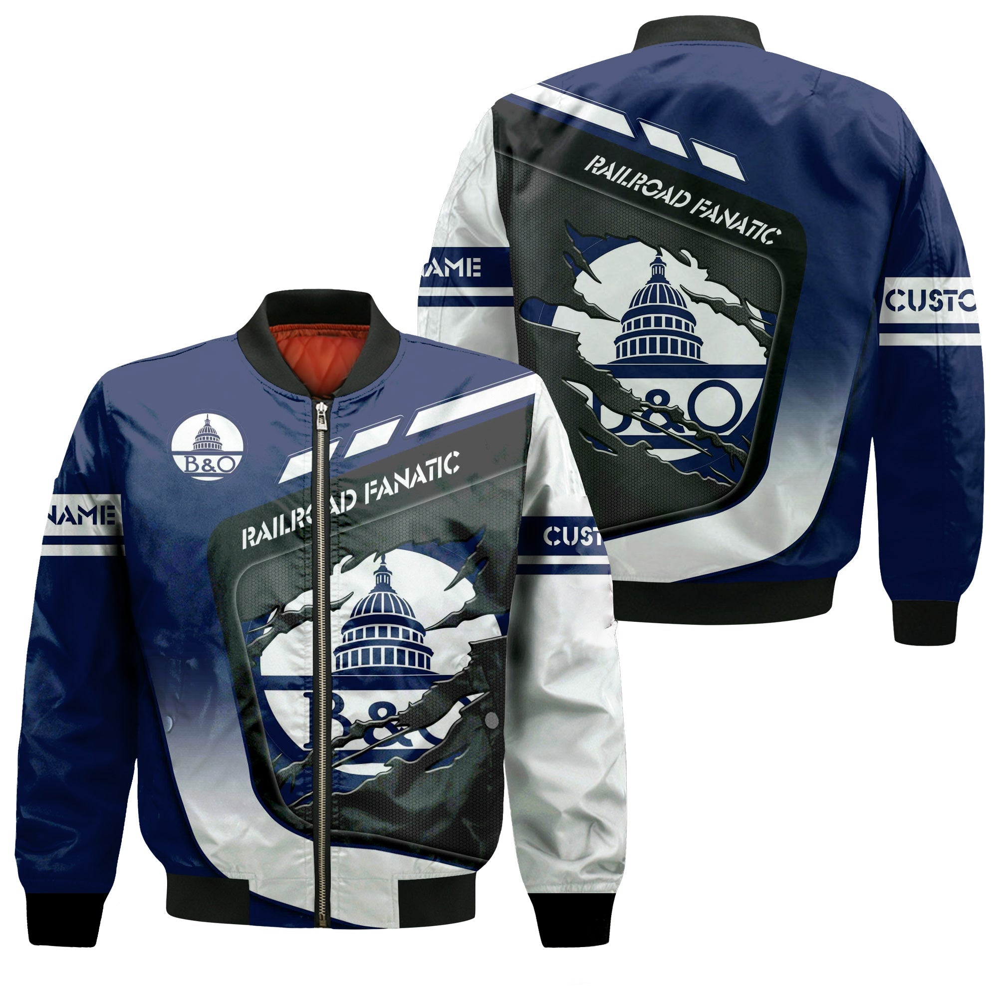 Railspirit Personalized Baltimore and Ohio Railroad Bomber Jacket Ripped Texture Style B&O Train Jacket For Railroad Fanatic