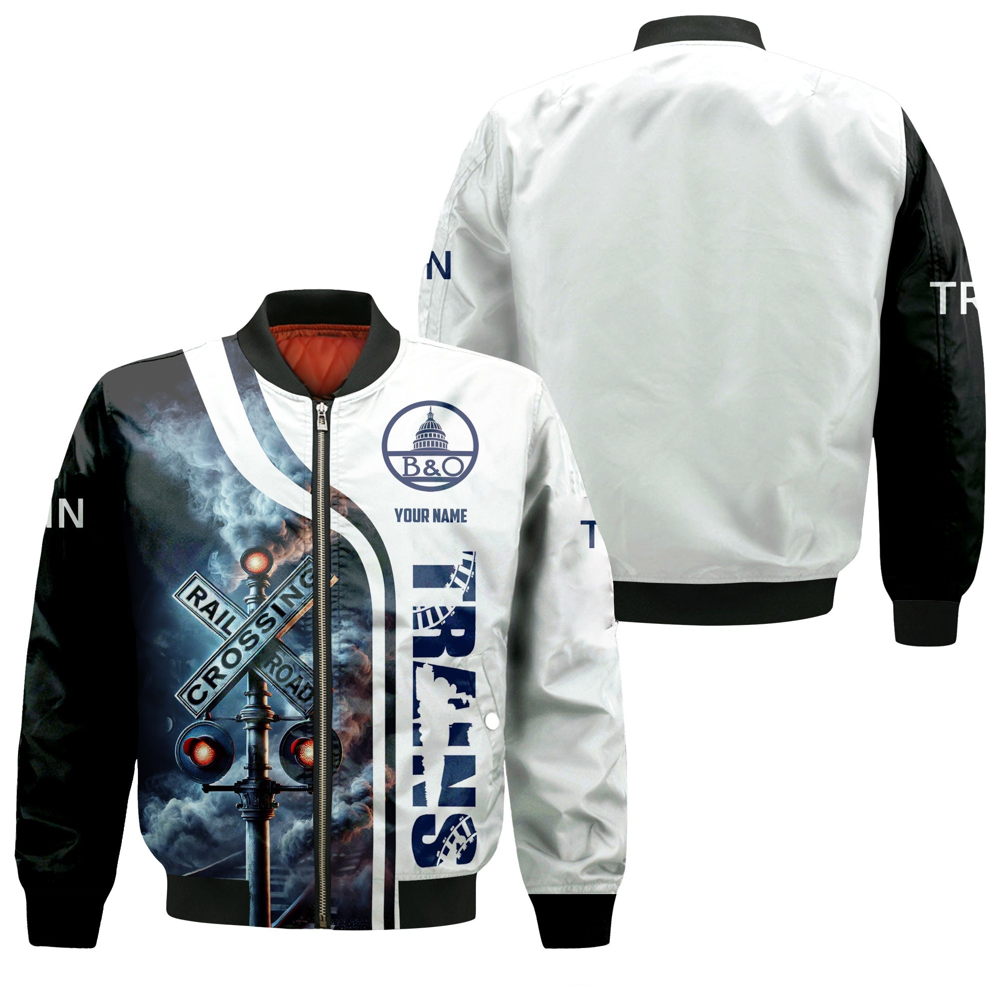 Railspirit Personalized Baltimore and Ohio Railroad Bomber Jacket Railroad Crossing Sign B&O Train Bomber All Over Print