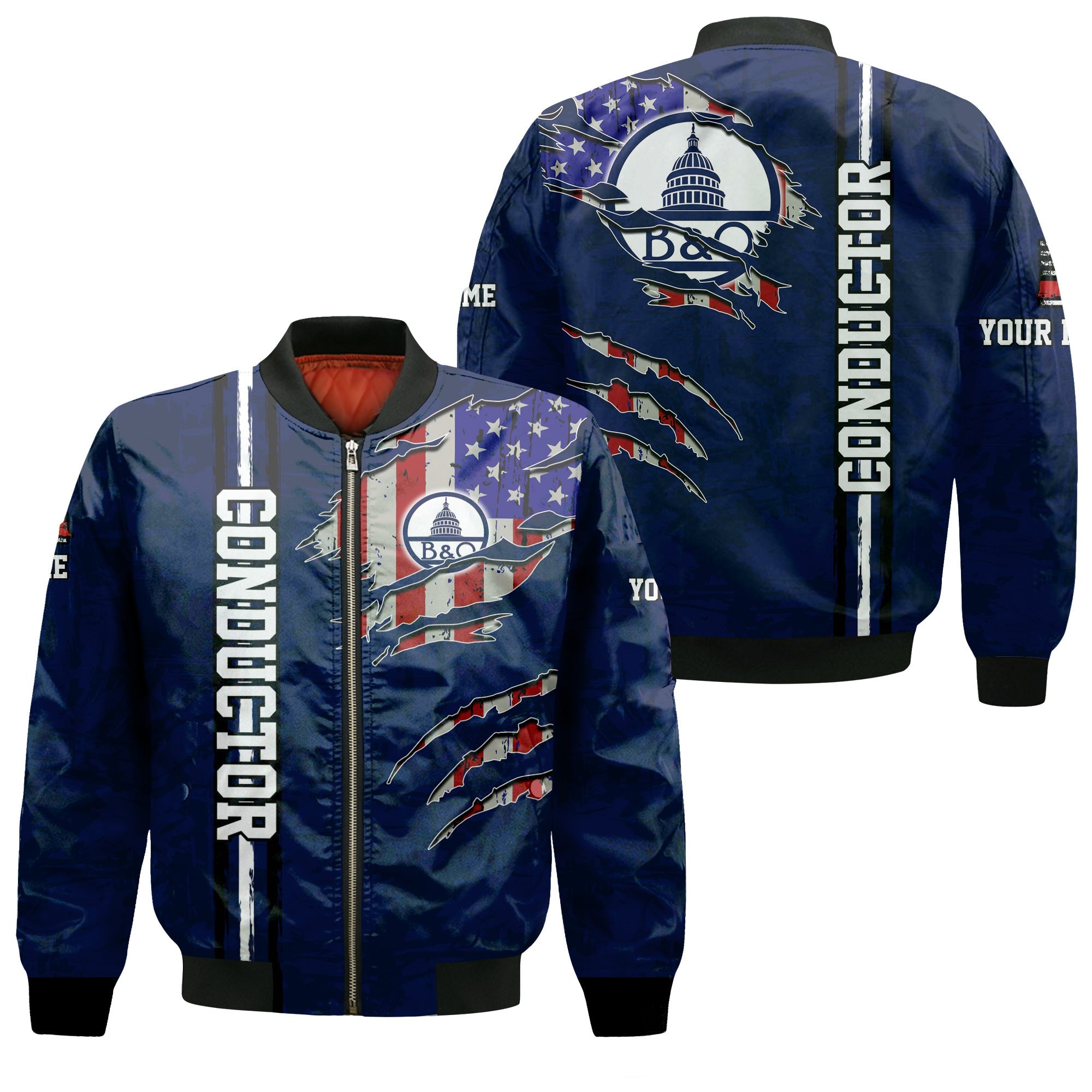 Railspirit Personalized Baltimore and Ohio Railroad Bomber Jacket USA Flag Claw Art with Custom Job B&O Train Jacket