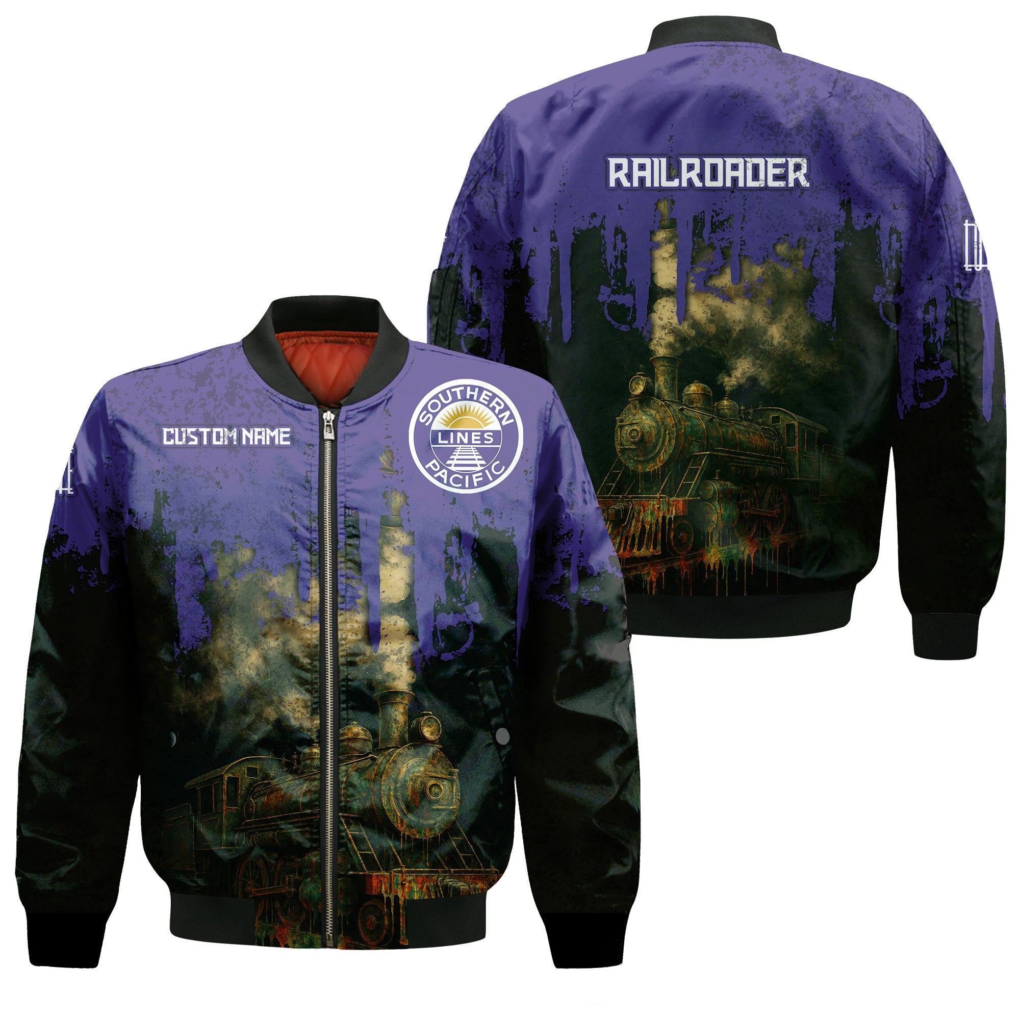 Railspirit Personalized Southern Pacific Railroad Bomber Jacket Vintage Train Art Style Bomber For Locomotive Fans