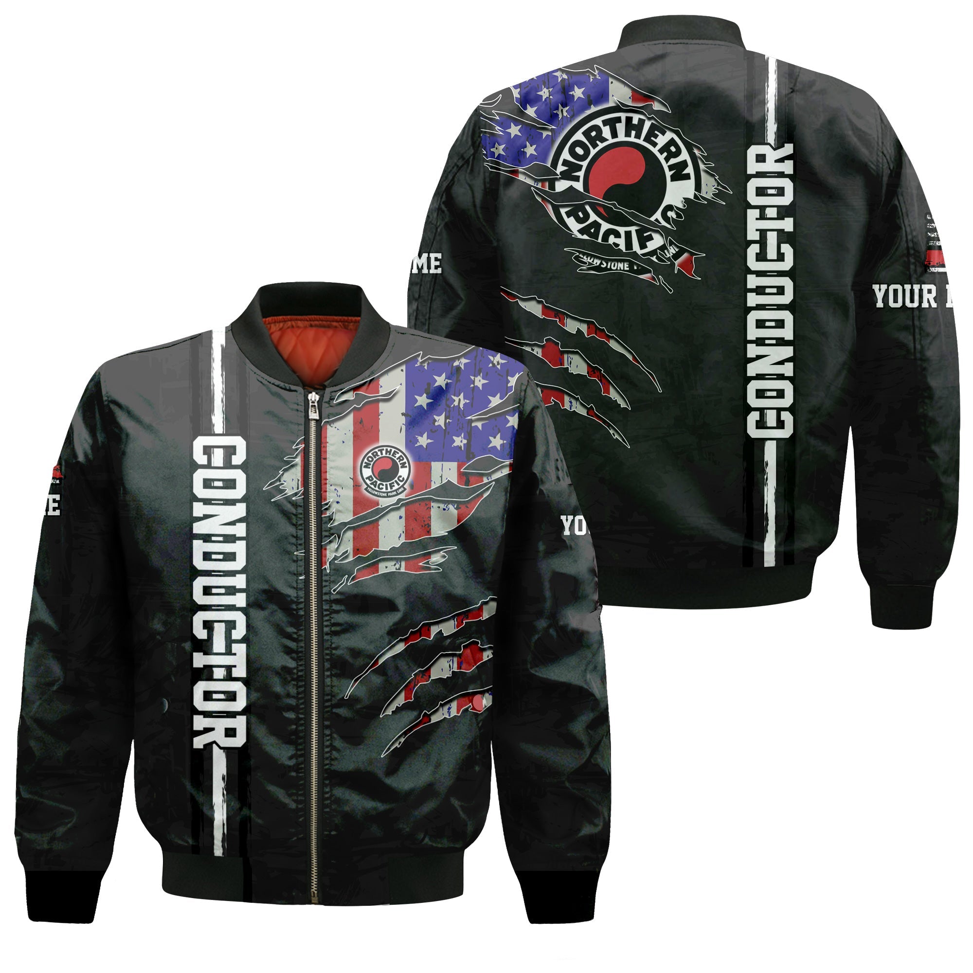 Railspirit Personalized Northern Pacific Railway Bomber Jacket USA Flag Claw Art with Custom Job Train Jacket