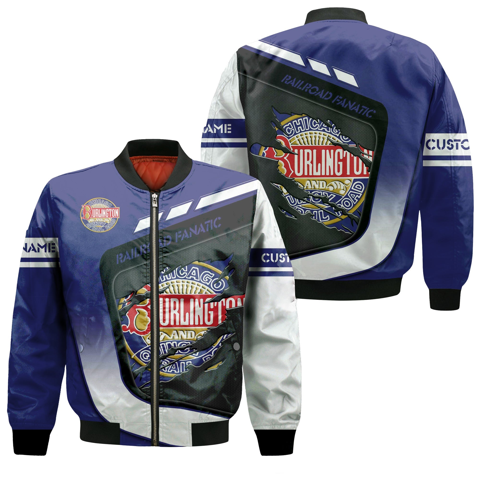Railspirit Personalized Chicago, Burlington and Quincy Railroad Bomber Jacket Ripped Texture Style Train Jacket For Railroad Fanatic