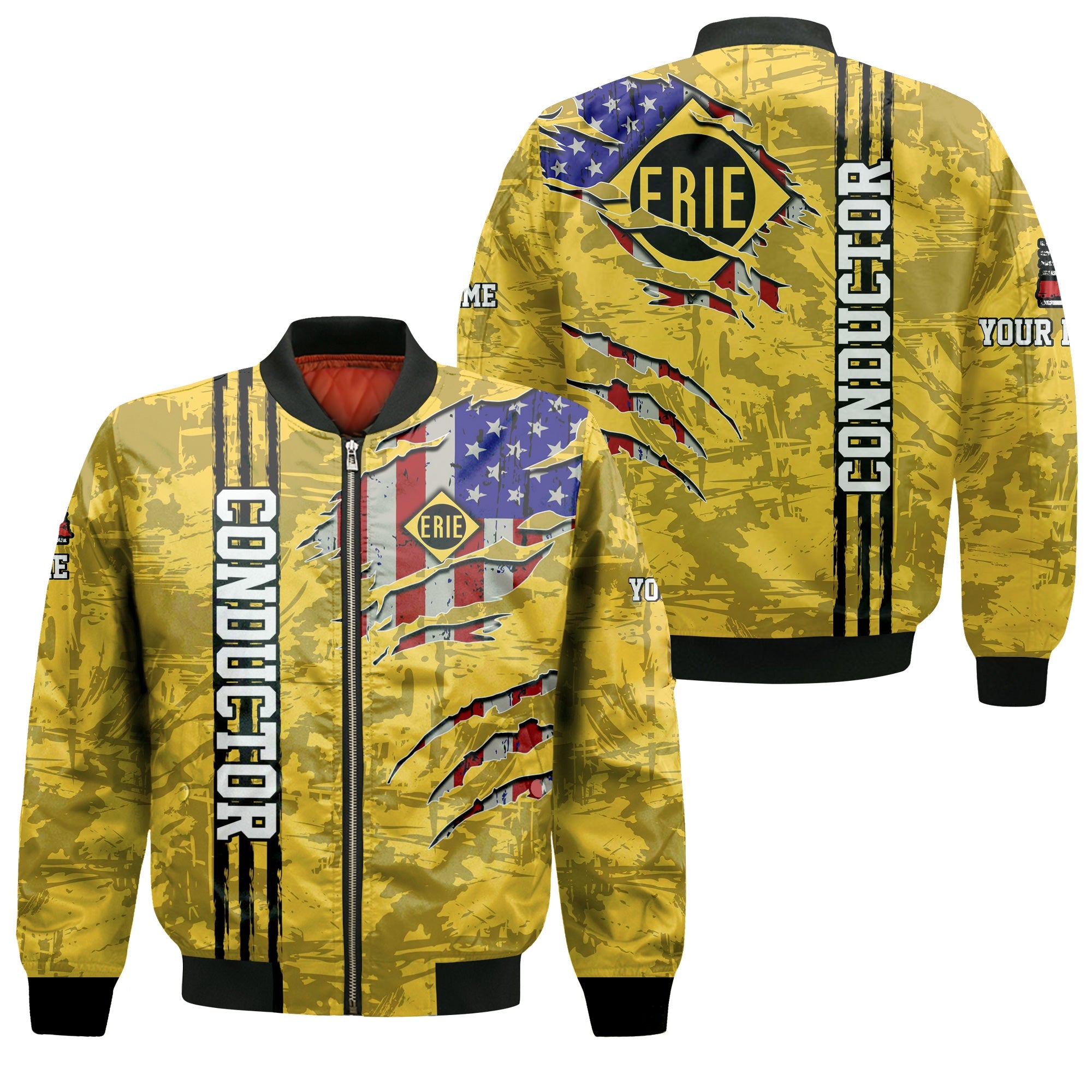 Railspirit Personalized Erie Railroad Bomber Jacket USA Flag Claw Art with Custom Job Train Jacket