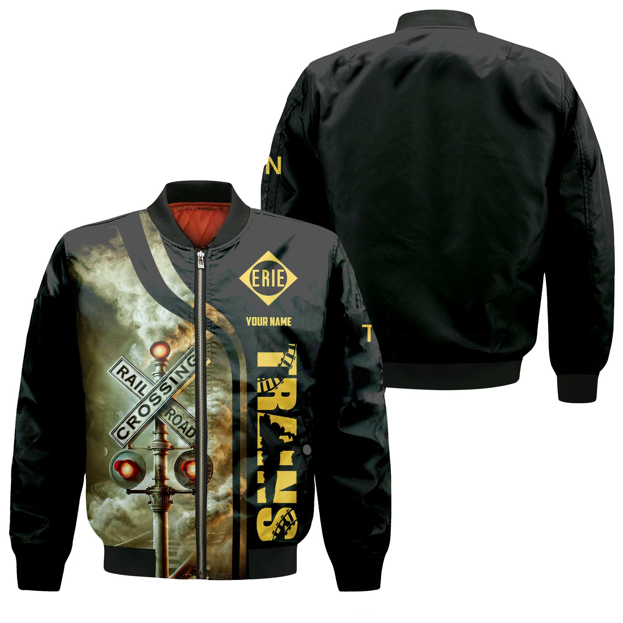 Railspirit Personalized Erie Railroad Bomber Jacket Railroad Crossing Sign Train Bomber All Over Print