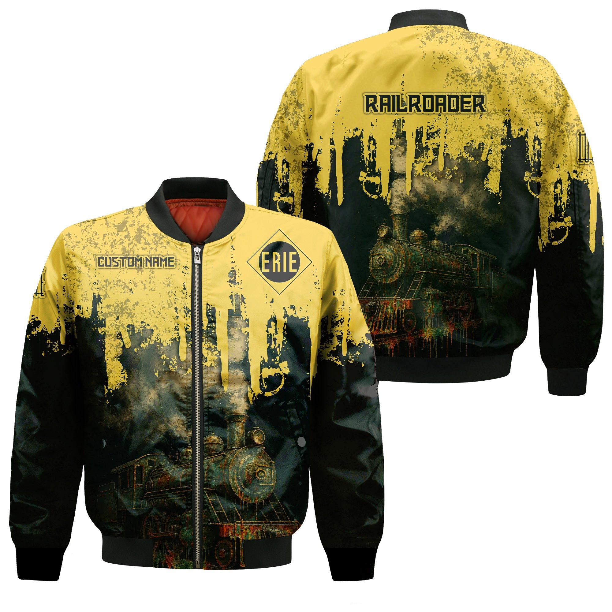 Railspirit Personalized Erie Railroad Bomber Jacket Vintage Train Art Style Bomber For Locomotive Fans