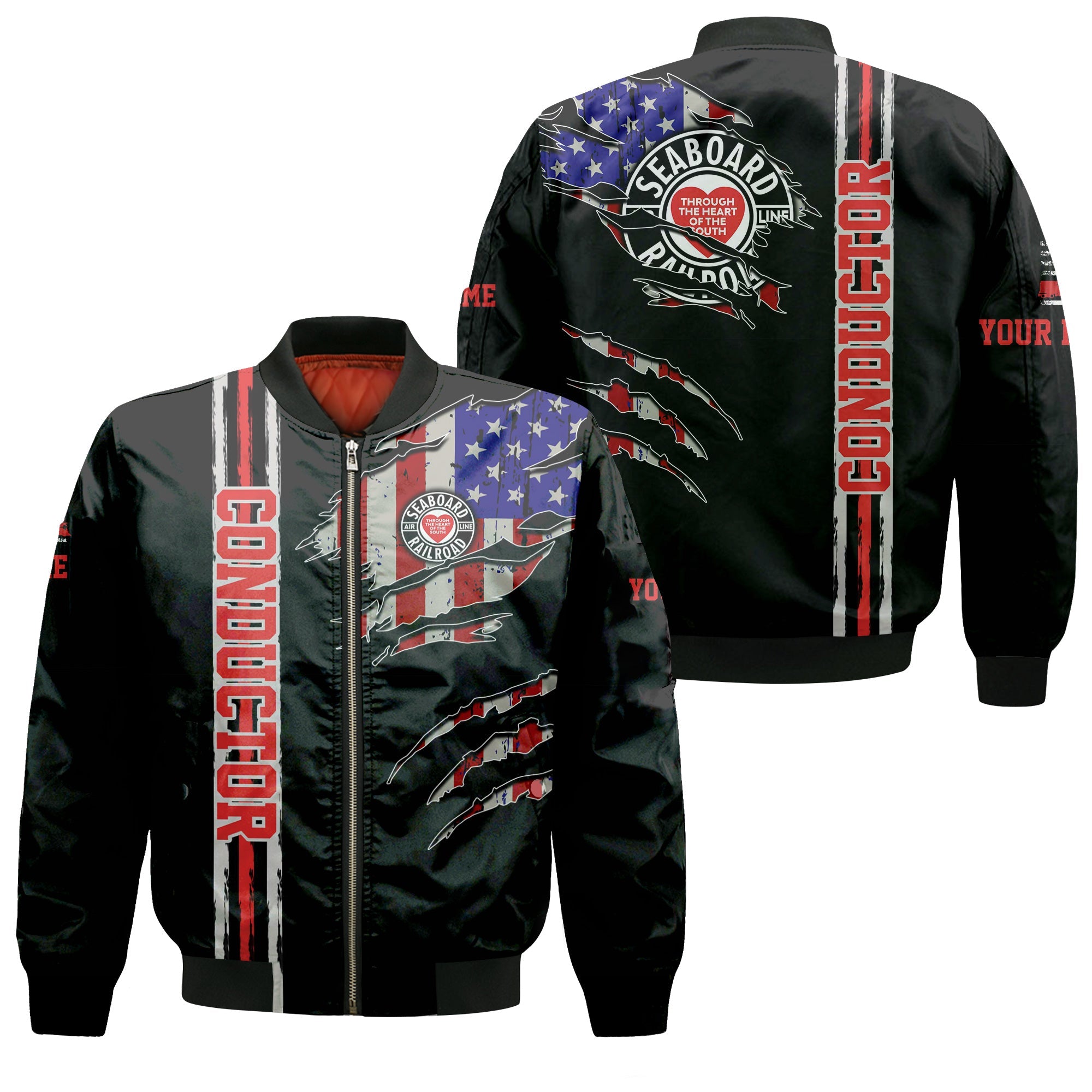 Railspirit Personalized Seaboard Air Line Railroad Bomber Jacket USA Flag Claw Art with Custom Job Train Jacket