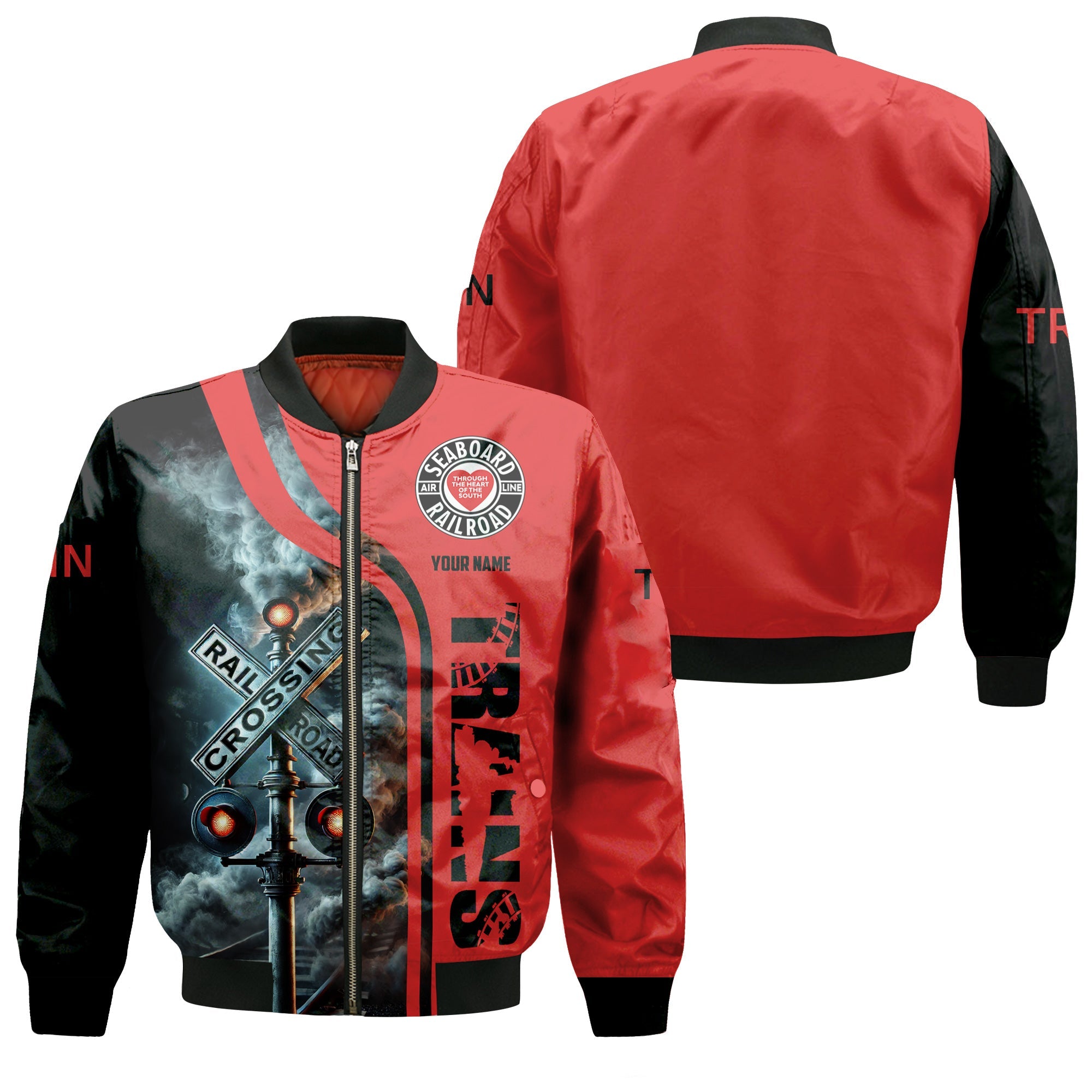 Railspirit Personalized Seaboard Air Line Railroad Bomber Jacket Railroad Crossing Sign Train Bomber All Over Print