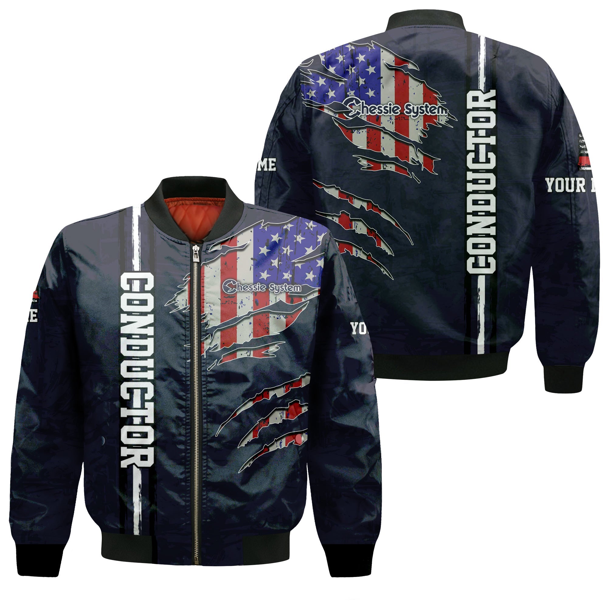 Railspirit Personalized Chessie System Railroad Bomber Jacket USA Flag Claw Art with Custom Job Train Jacket