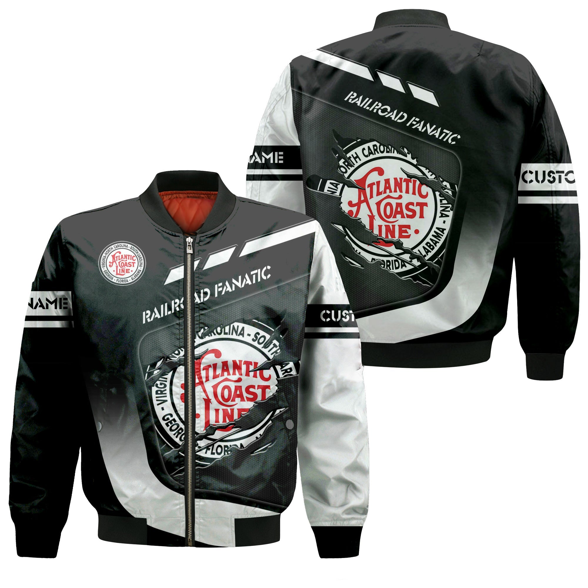 Railspirit Personalized Atlantic Coast Line Railroad Bomber Jacket Ripped Texture Style Train Jacket For Railroad Fanatic