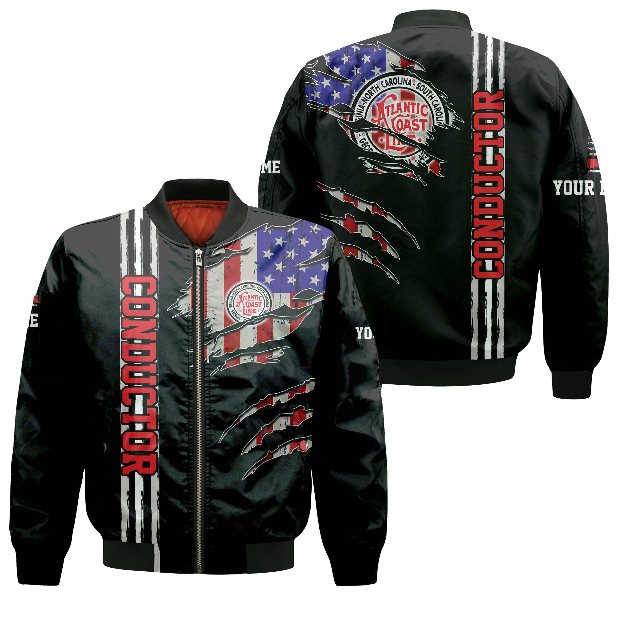 Railspirit Personalized Atlantic Coast Line Railroad Bomber Jacket USA Flag Claw Art with Custom Job Train Jacket