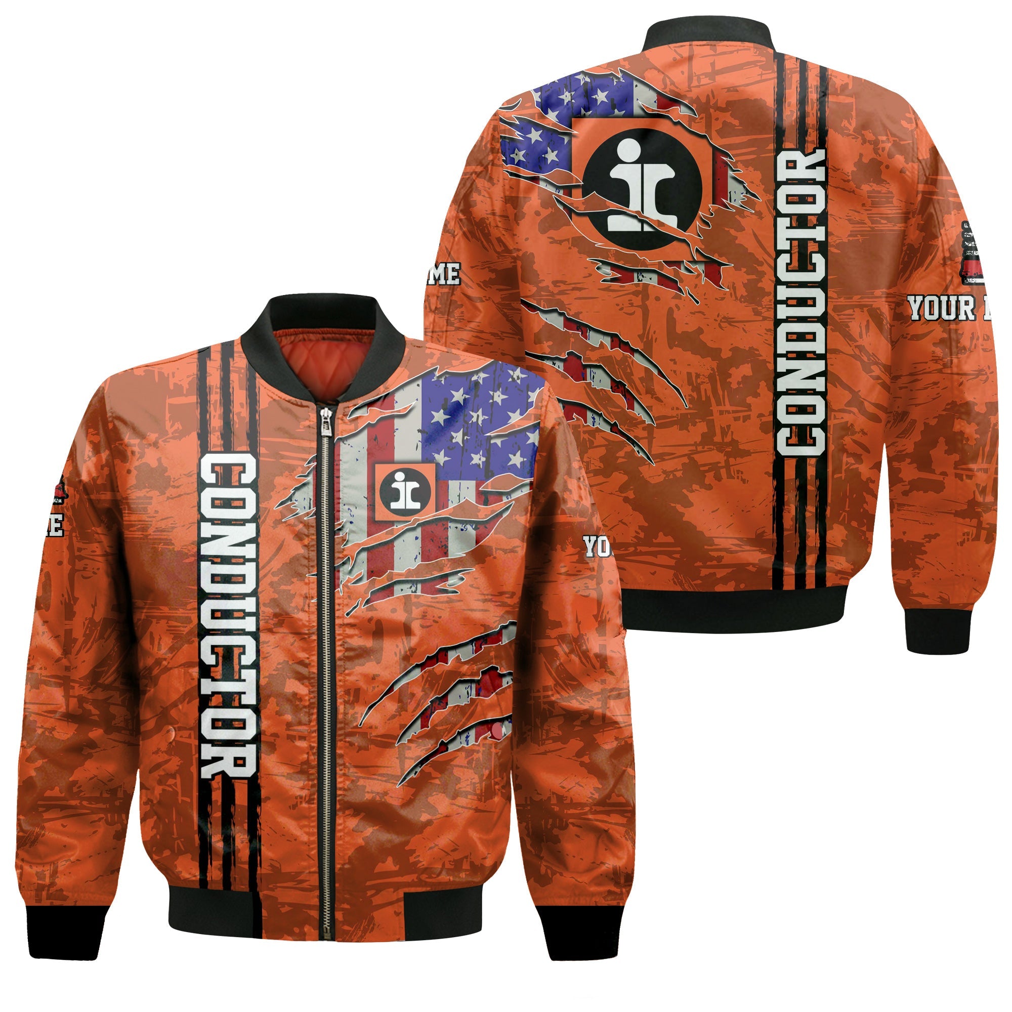 Railspirit Personalized Illinois Central Railroad Bomber Jacket USA Flag Claw Art with Custom Job Train Jacket