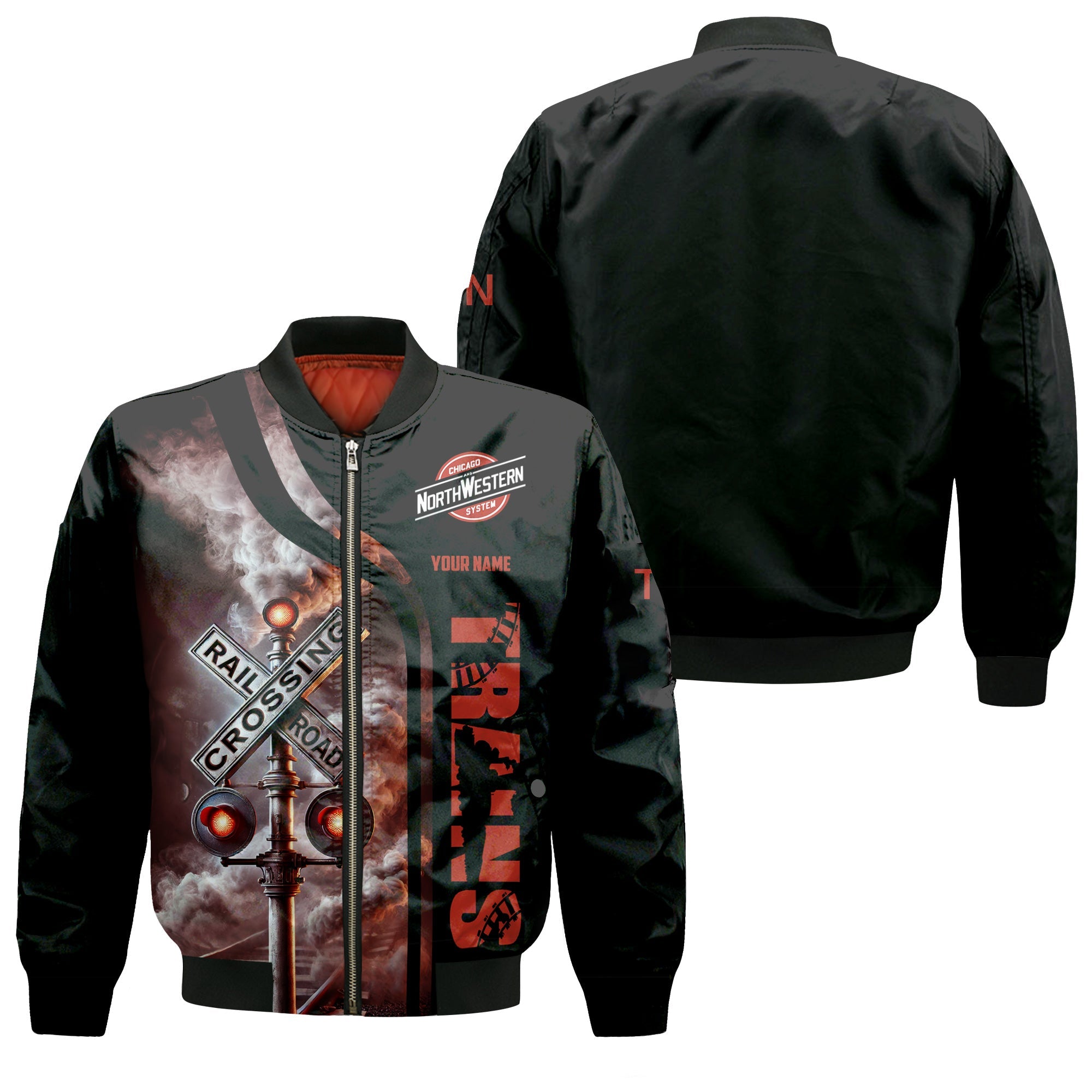Railspirit Personalized Chicago and North Western Railway Bomber Jacket Railroad Crossing Sign Train Bomber All Over Print