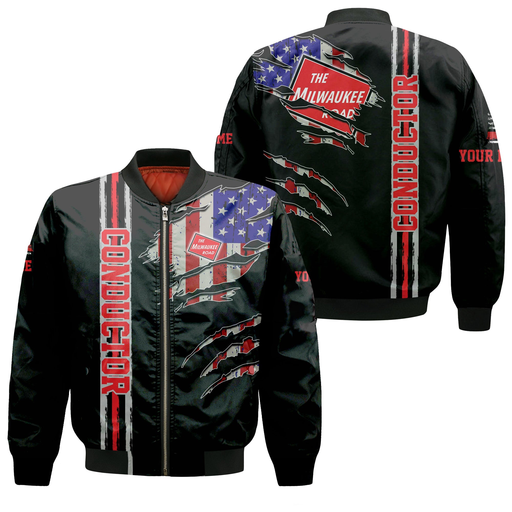Railspirit Personalized Chicago, Milwaukee, St. Paul and Pacific Railroad Bomber Jacket USA Flag Claw Art with Custom Job Milwaukee Road Train Jacket