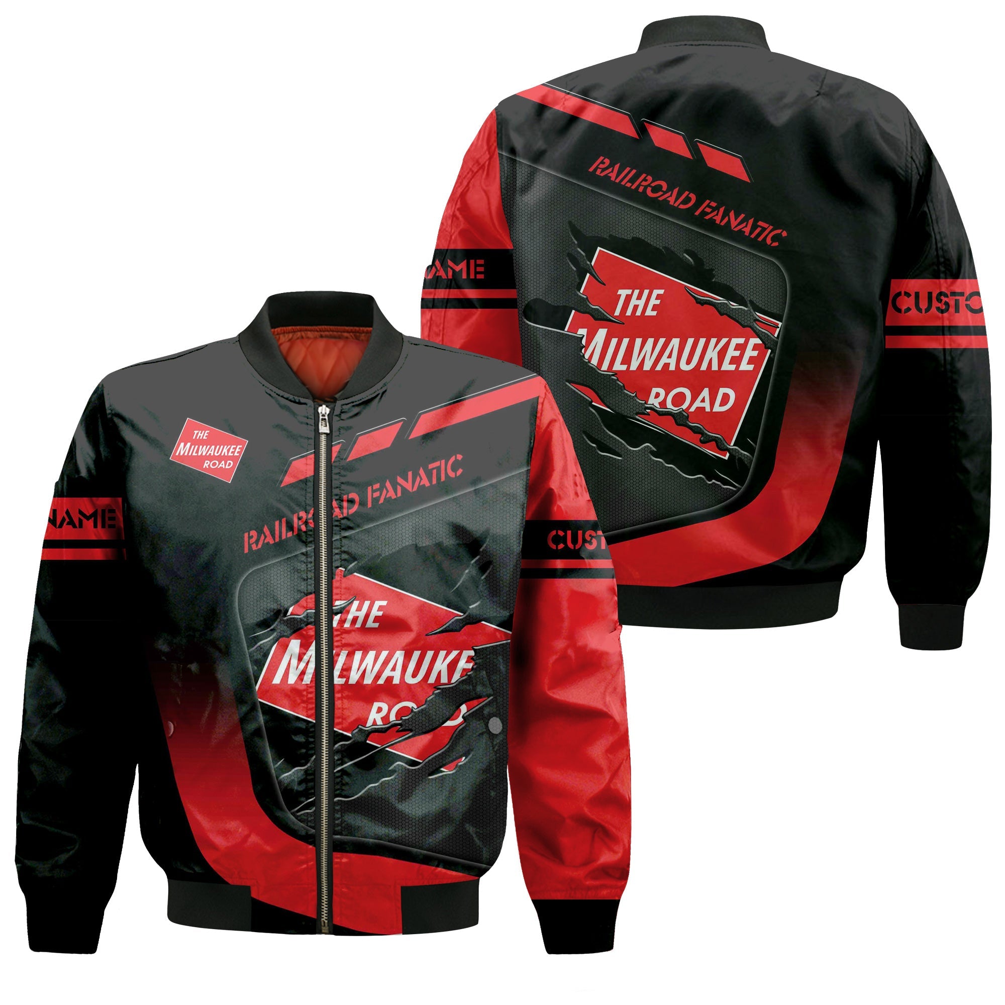 Railspirit Personalized Chicago, Milwaukee, St. Paul and Pacific Railroad Bomber Jacket Ripped Texture Style Milwaukee Road Train Jacket