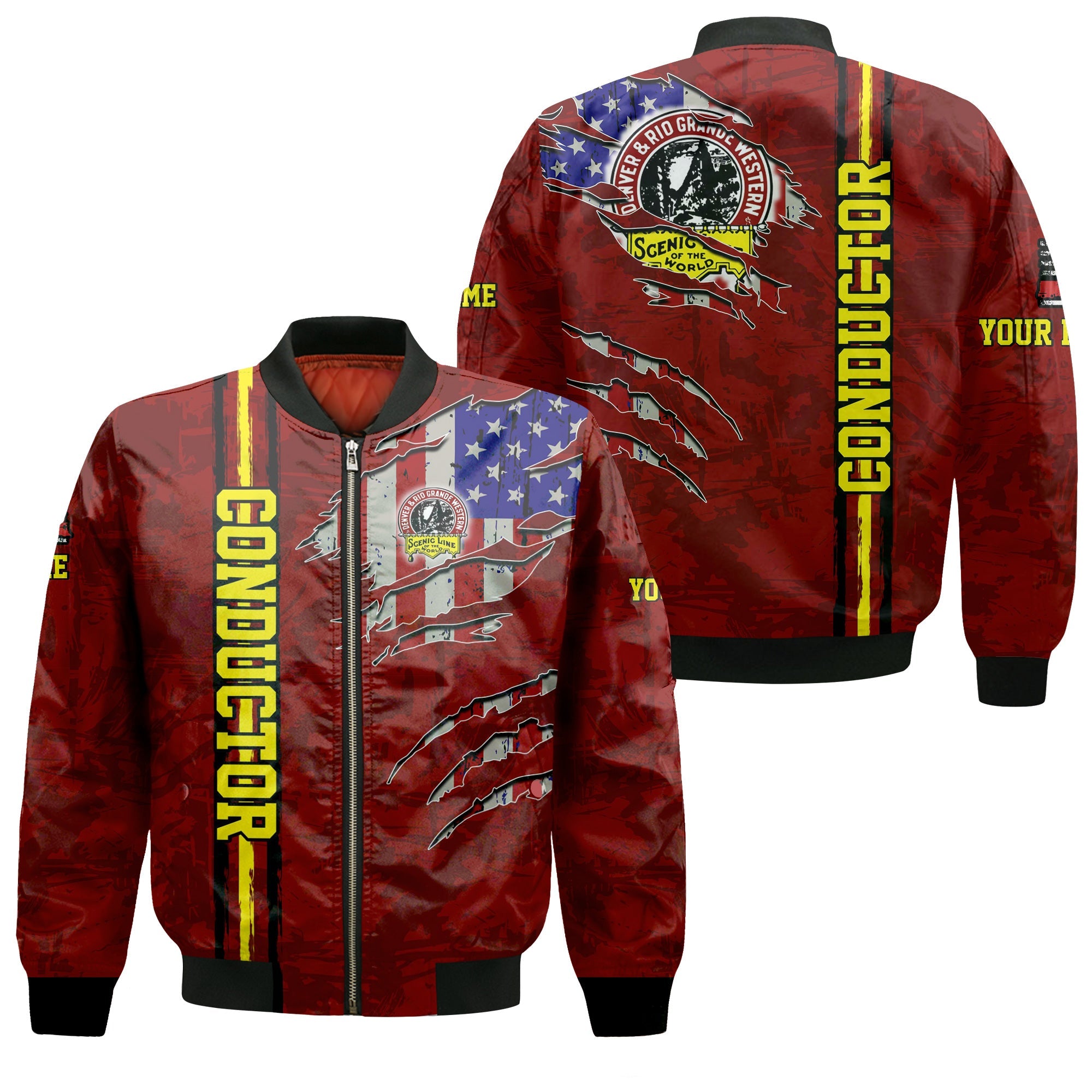 Railspirit Personalized Denver and Rio Grande Western Railroad Bomber Jacket USA Flag Claw Art with Custom Job Train Jacket