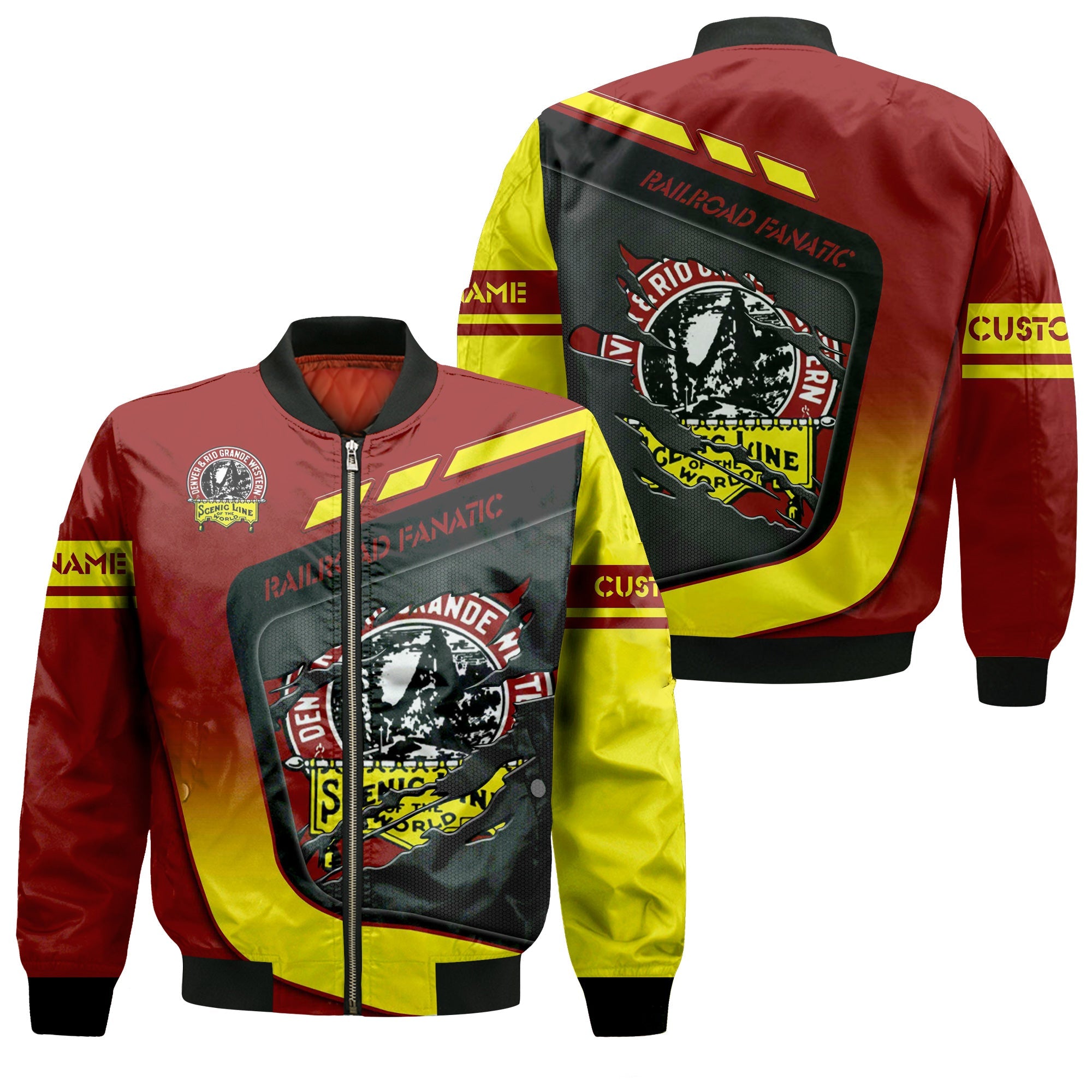 Railspirit Personalized Denver and Rio Grande Western Railroad Bomber Jacket Ripped Texture Style Train Jacket For Railroad Fanatic