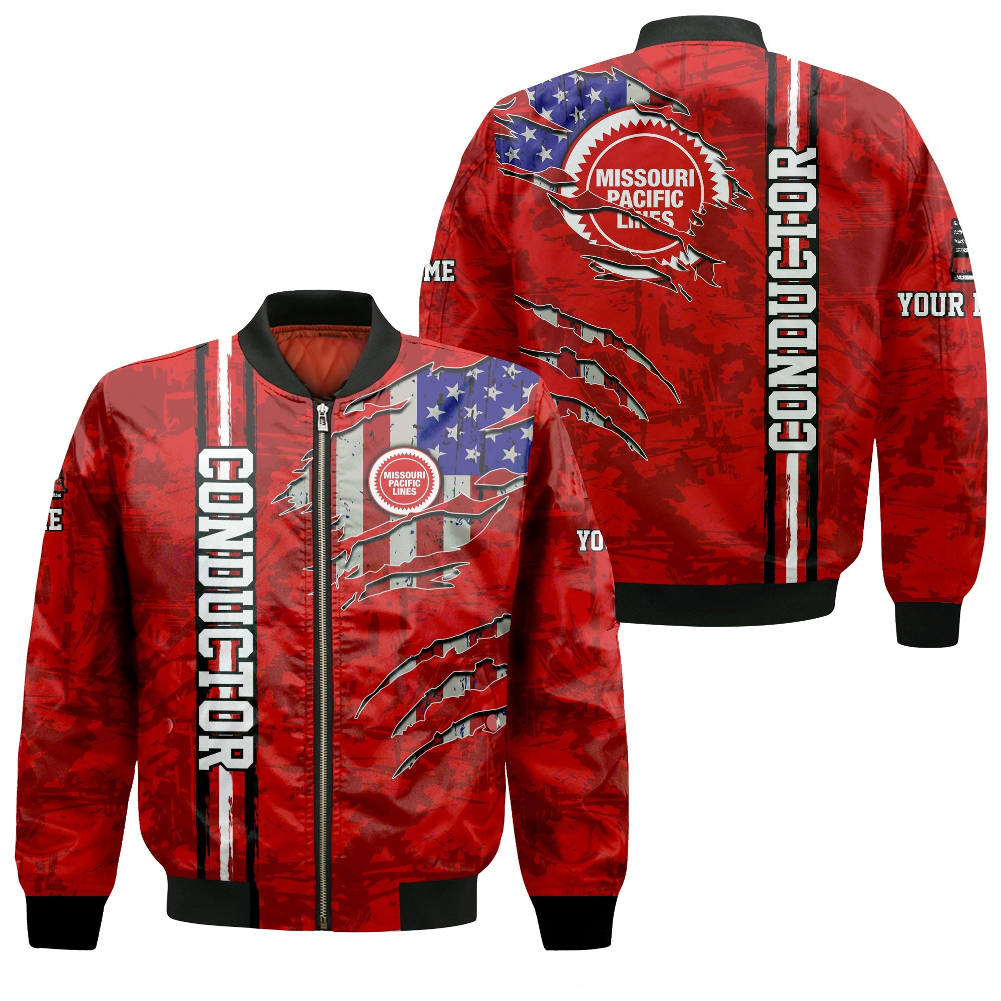 Railspirit Personalized Missouri Pacific Railroad Bomber Jacket USA Flag Claw Art with Custom Job Train Jacket