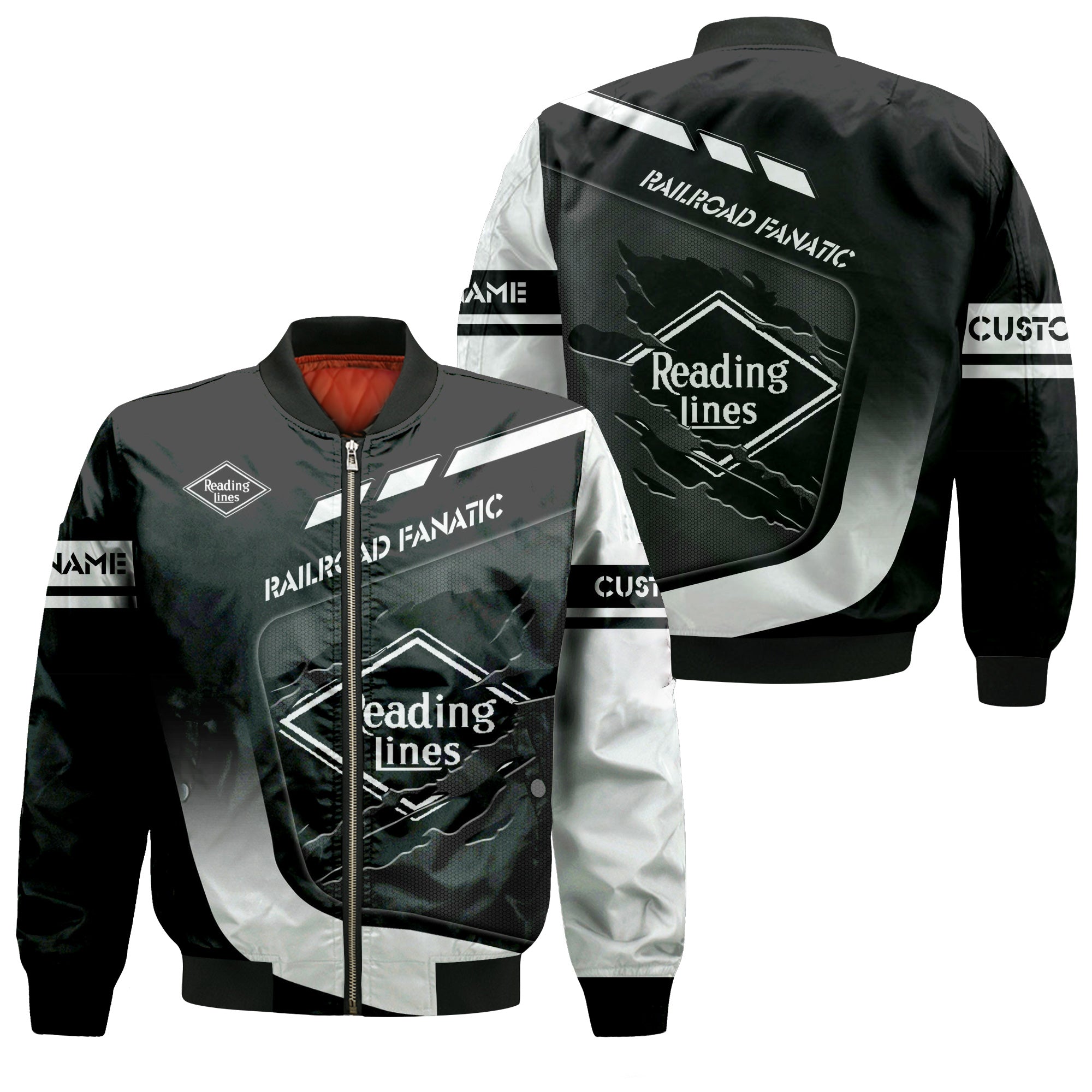 Railspirit Personalized Reading Railroad Bomber Jacket Ripped Texture Style Train Jacket For Railroad Fanatic