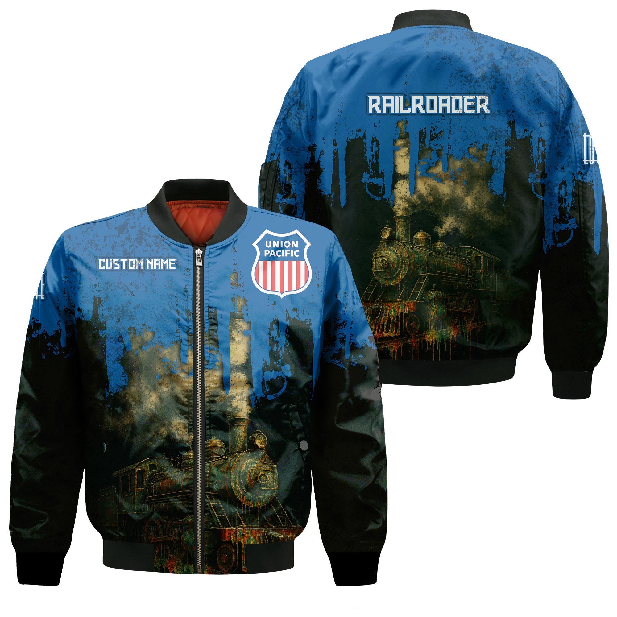 Railspirit Personalized Union Pacific Railroad Bomber Jacket Vintage Train Art Style Big Boy Bomber For Locomotive Fans