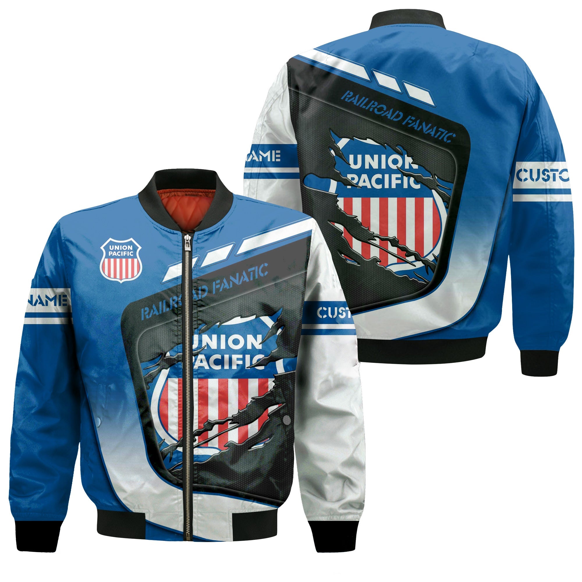 Railspirit Personalized Union Pacific Railroad Bomber Jacket Ripped Texture Style Big Boy Train Jacket For Railroad Fanatic
