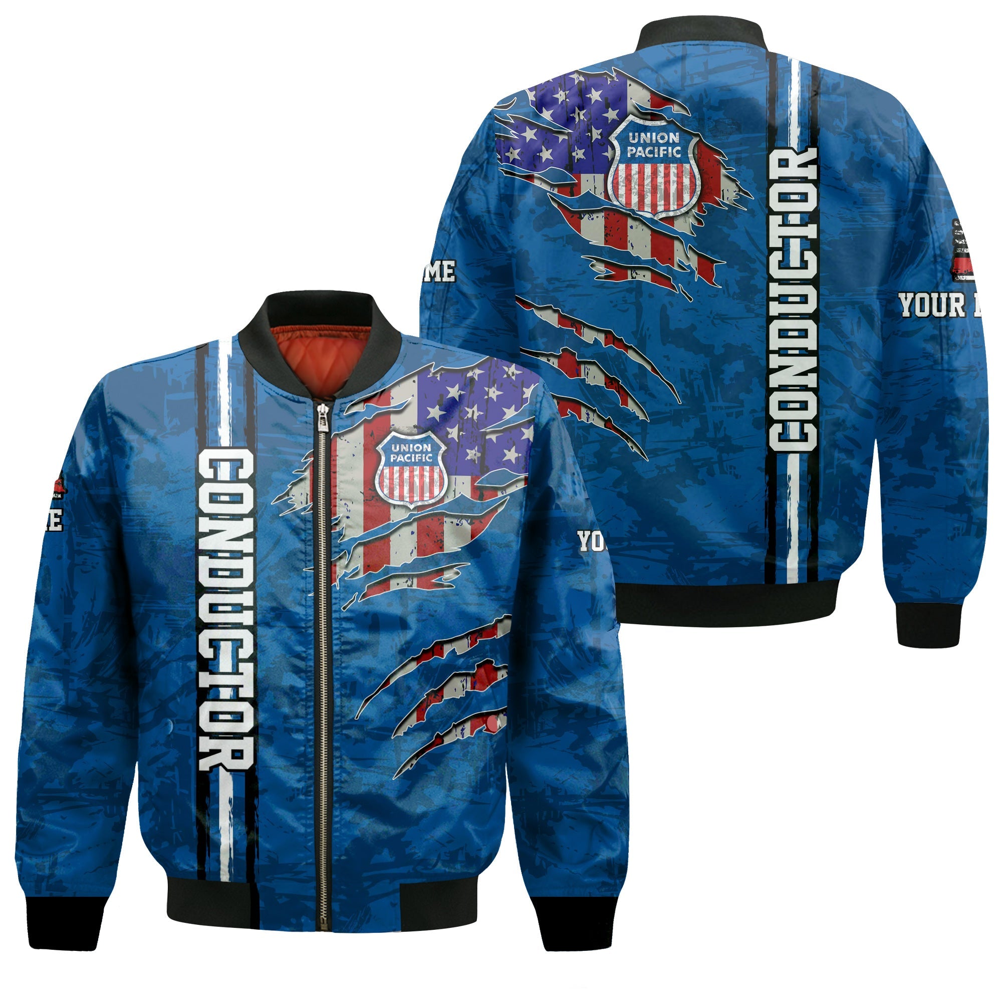Railspirit Personalized Union Pacific Railroad Bomber Jacket USA Flag Claw Art with Custom Job Big Boy Train Jacket