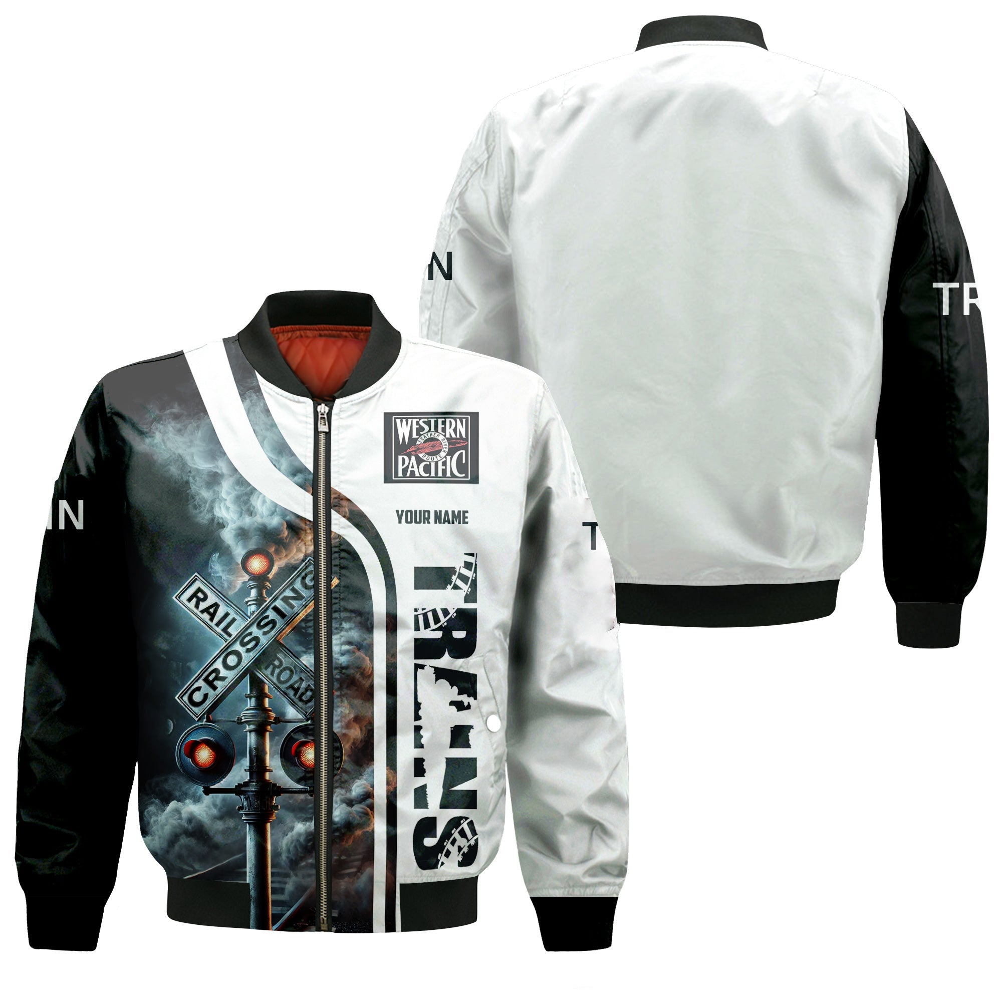 Railspirit Personalized Western Pacific Railroad Bomber Jacket Railroad Crossing Sign Train Bomber All Over Print