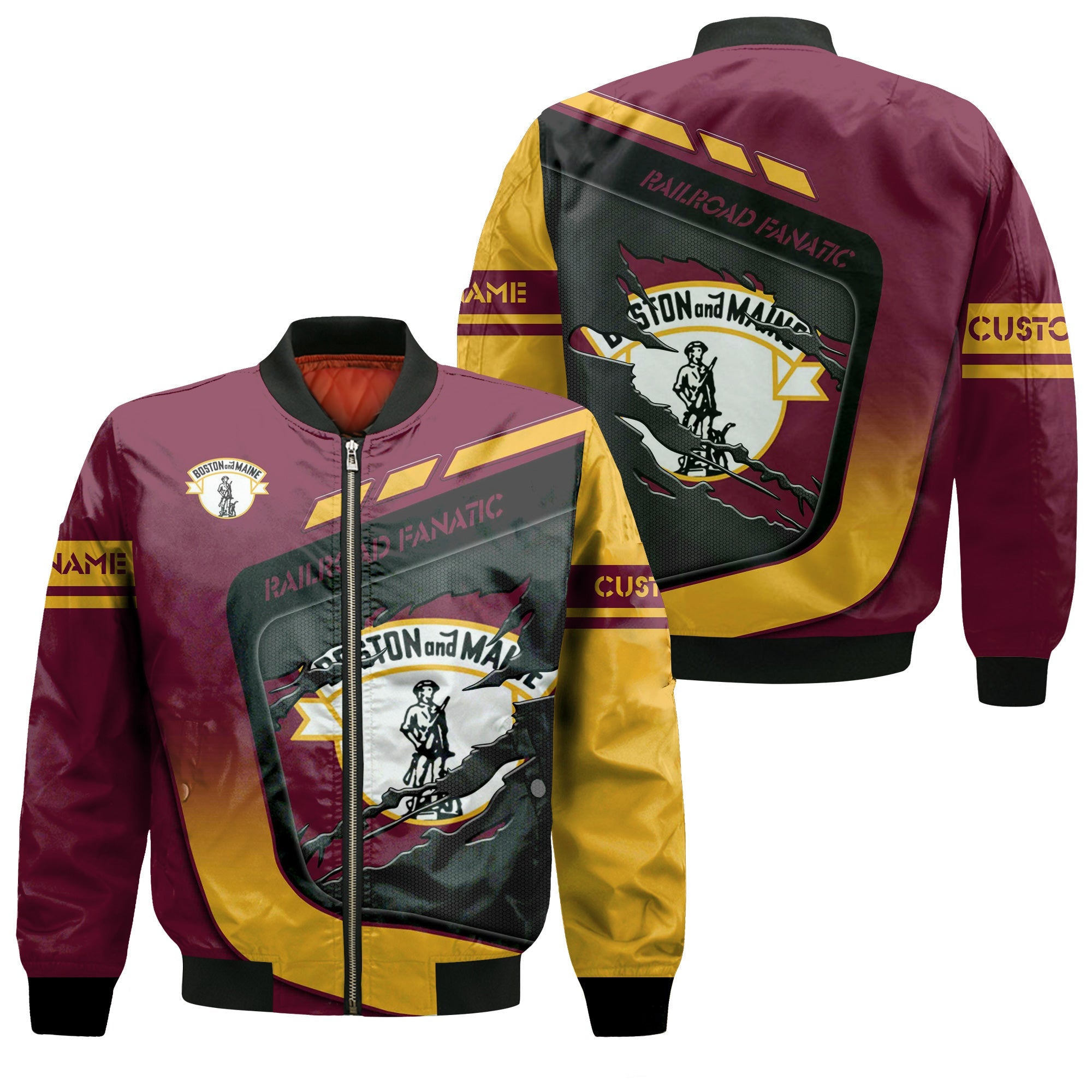 Railspirit Personalized Boston and Maine Railroad Bomber Jacket Ripped Texture Style Train Jacket For Railroad Fanatic