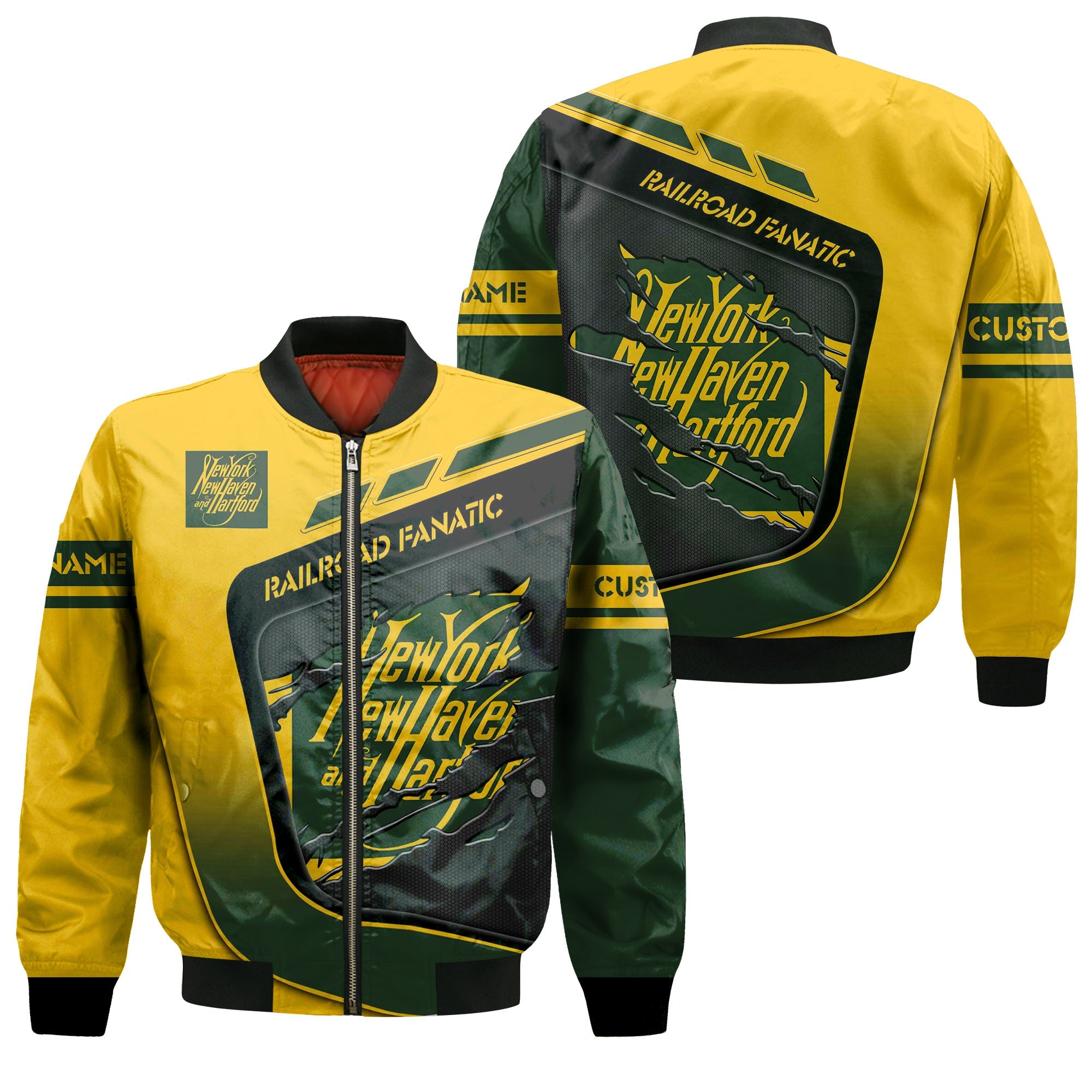 Railspirit Personalized New York, New Haven and Hartford Railroad Bomber Jacket Ripped Texture Style New Haven Railroad Train Jacket