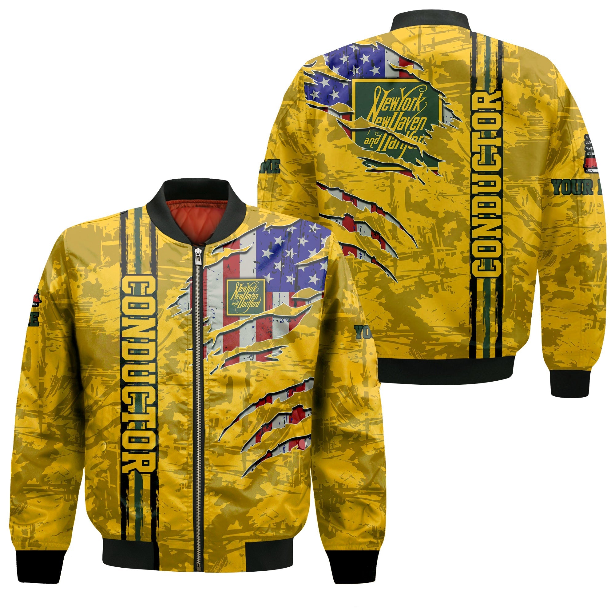 Railspirit Personalized New York, New Haven and Hartford Railroad Bomber Jacket USA Flag Claw Art with Custom Job New Haven Railroad Train Jacket