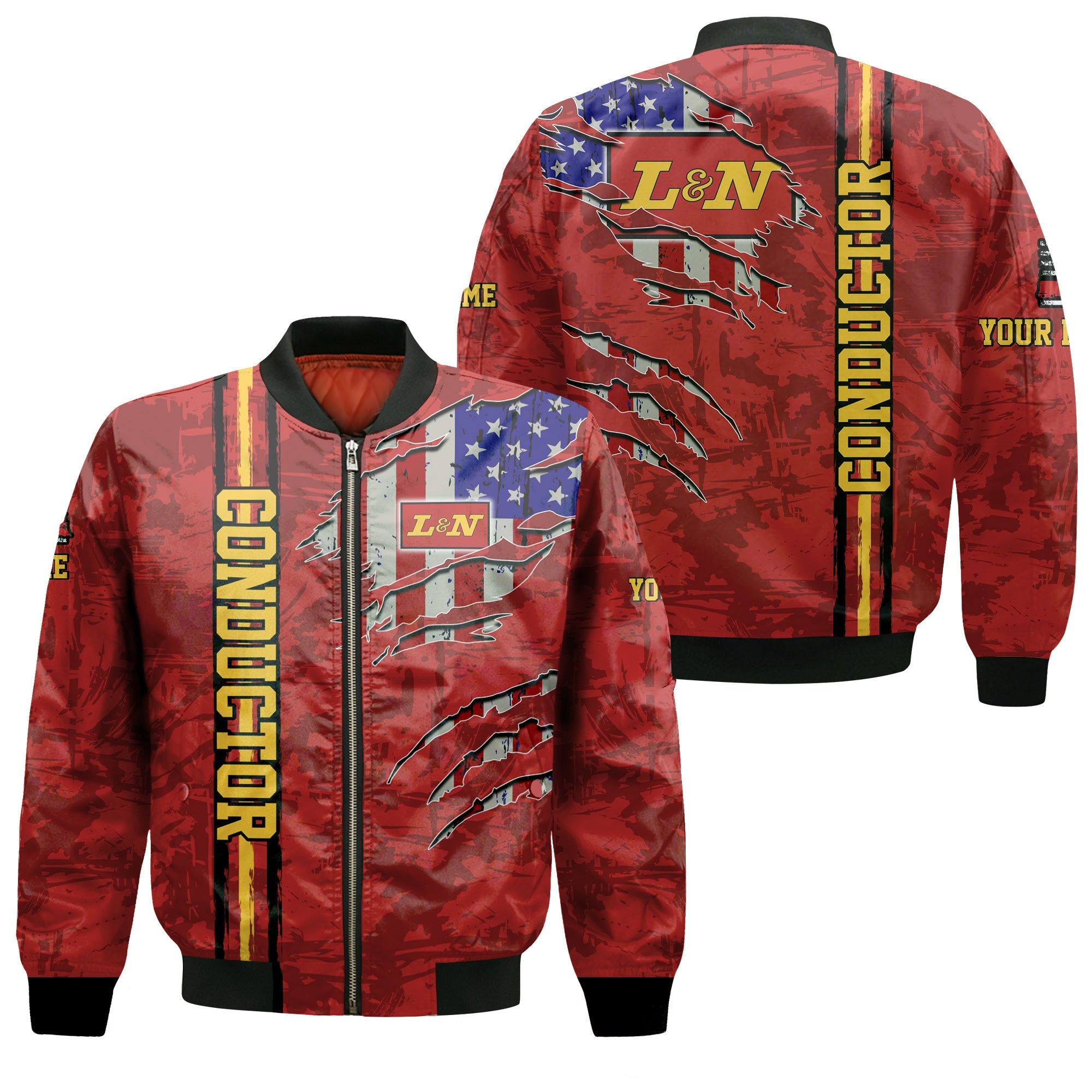 Railspirit Personalized Louisville and Nashville Railroad Bomber Jacket USA Flag Claw Art with Custom Job L&N Train Jacket