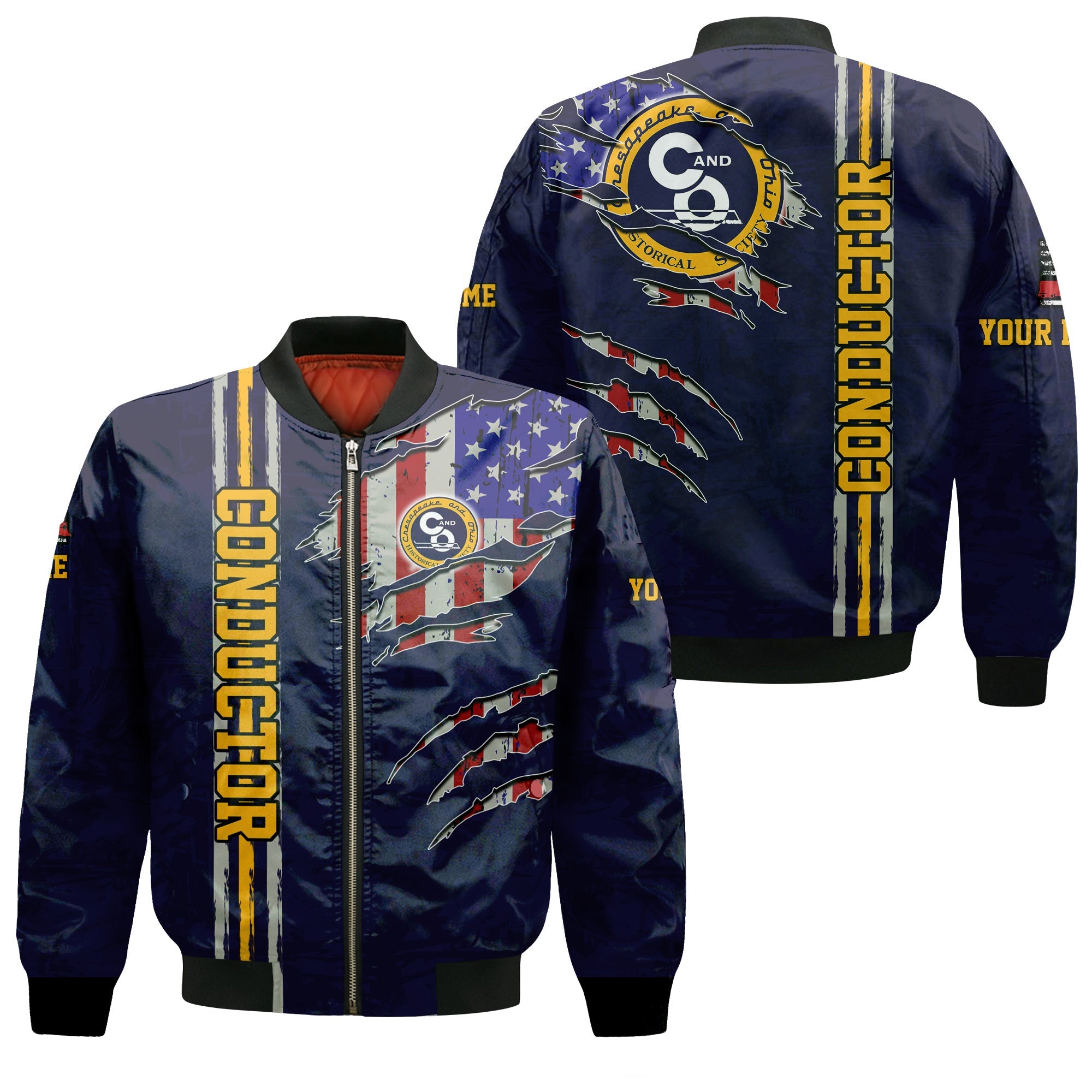 Railspirit Personalized Chesapeake and Ohio Railway Bomber Jacket USA Flag Claw Art with Custom Job C&O Train Jacket