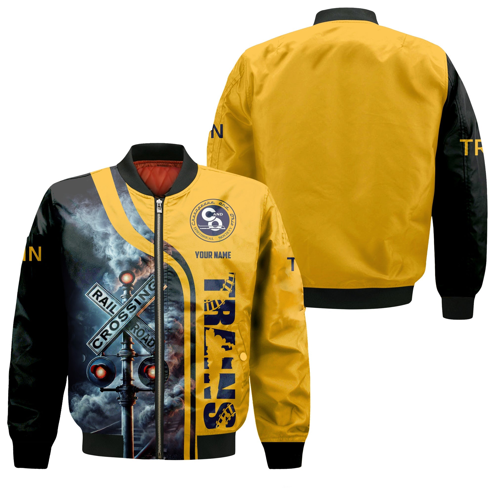 Railspirit Personalized Chesapeake and Ohio Railway Bomber Jacket Railroad Crossing Sign C&O Train Bomber All Over Print