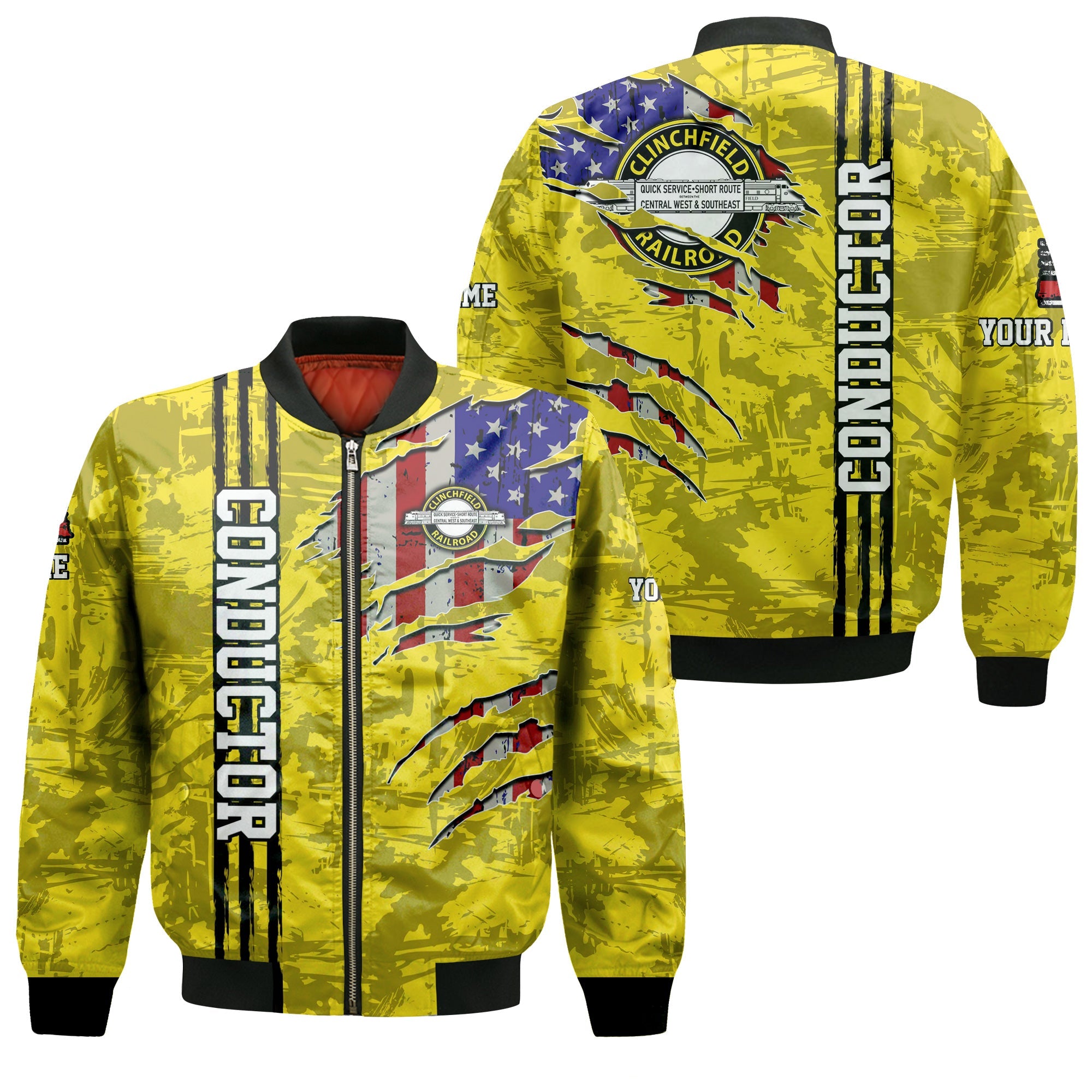Railspirit Personalized Clinchfield Railroad Bomber Jacket USA Flag Claw Art with Custom Job Train Jacket