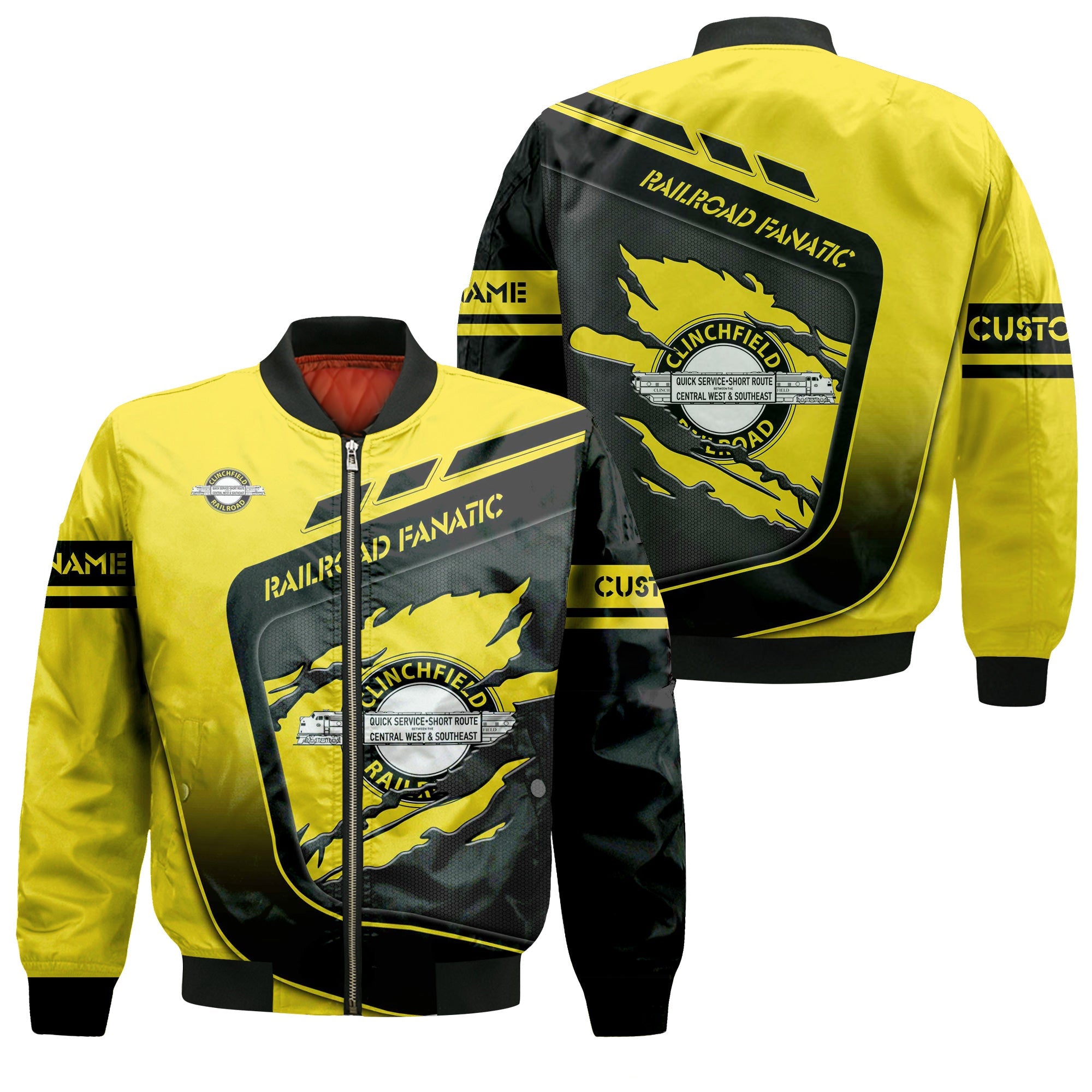 Railspirit Personalized Clinchfield Railroad Bomber Jacket Ripped Texture Style Train Jacket For Railroad Fanatic