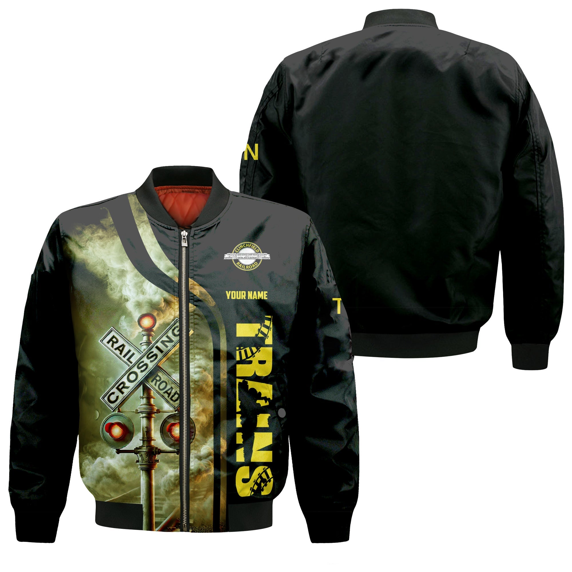 Railspirit Personalized Clinchfield Railroad Bomber Jacket Railroad Crossing Sign Train Bomber All Over Print
