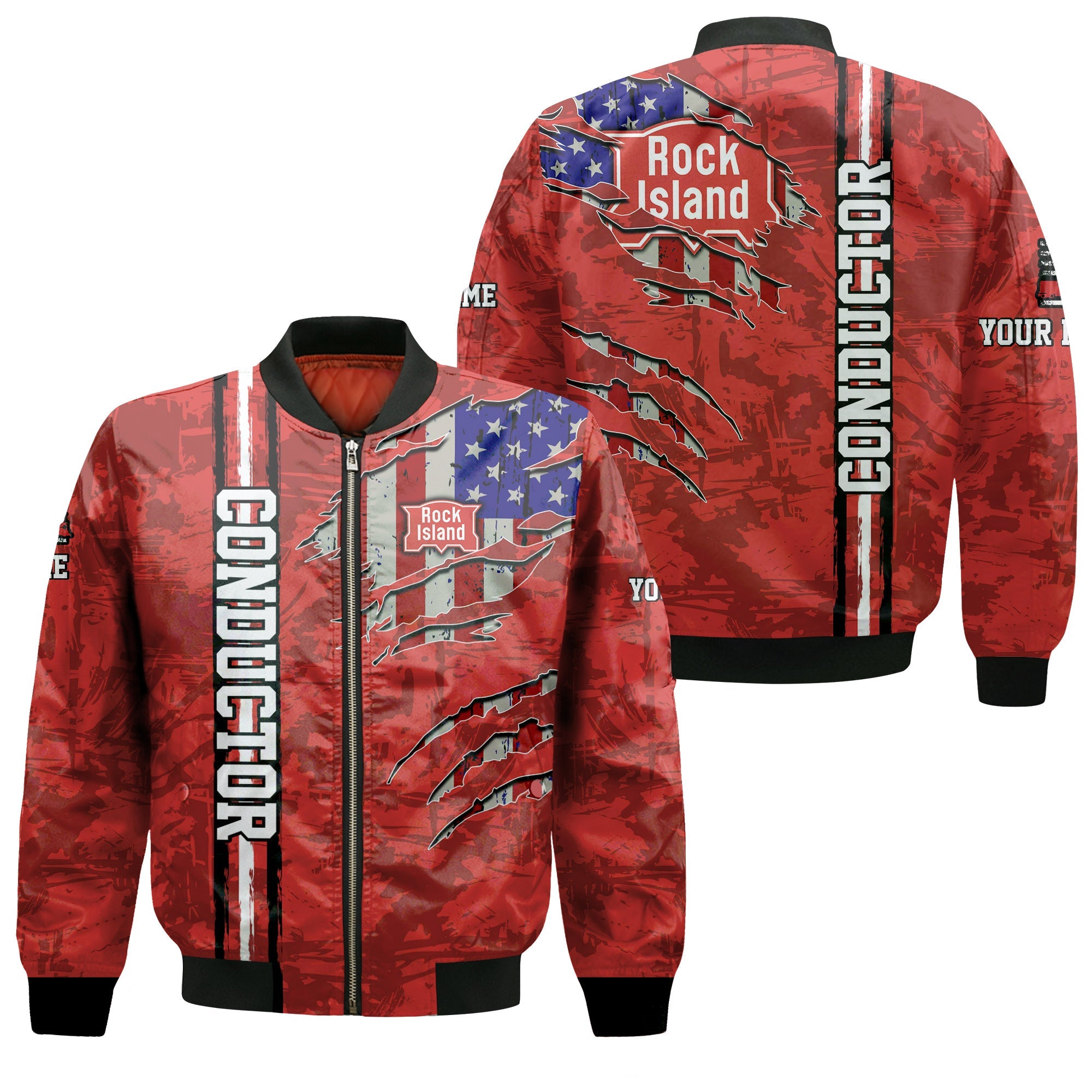 Railspirit Personalized Chicago, Rock Island and Pacific Railroad Bomber Jacket USA Flag Claw Art with Custom Job Rock Island Railroad Train Jacket