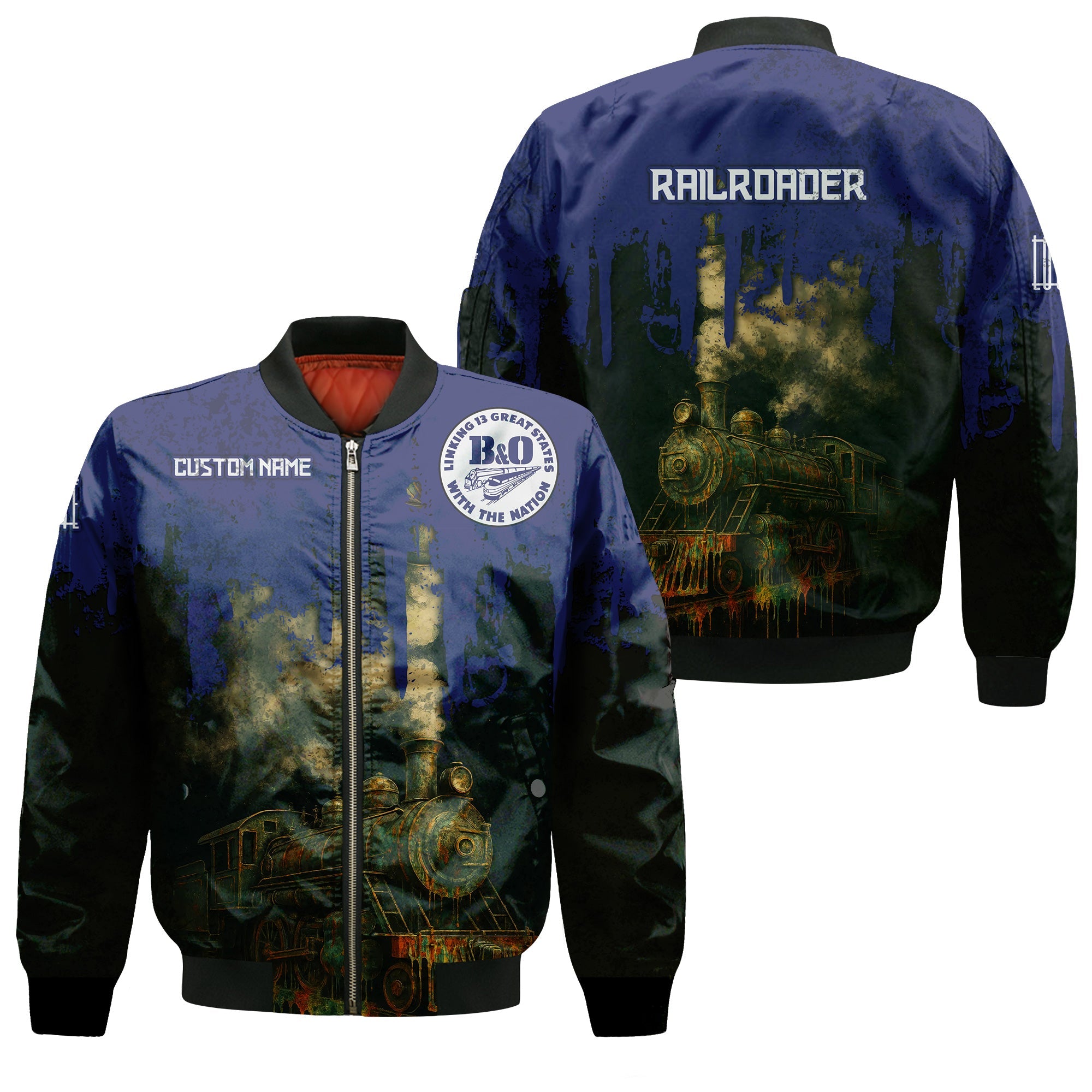 Railspirit Personalized B&O Great States Railroad Bomber Jacket Vintage Train Art Style Bomber For Locomotive Fans