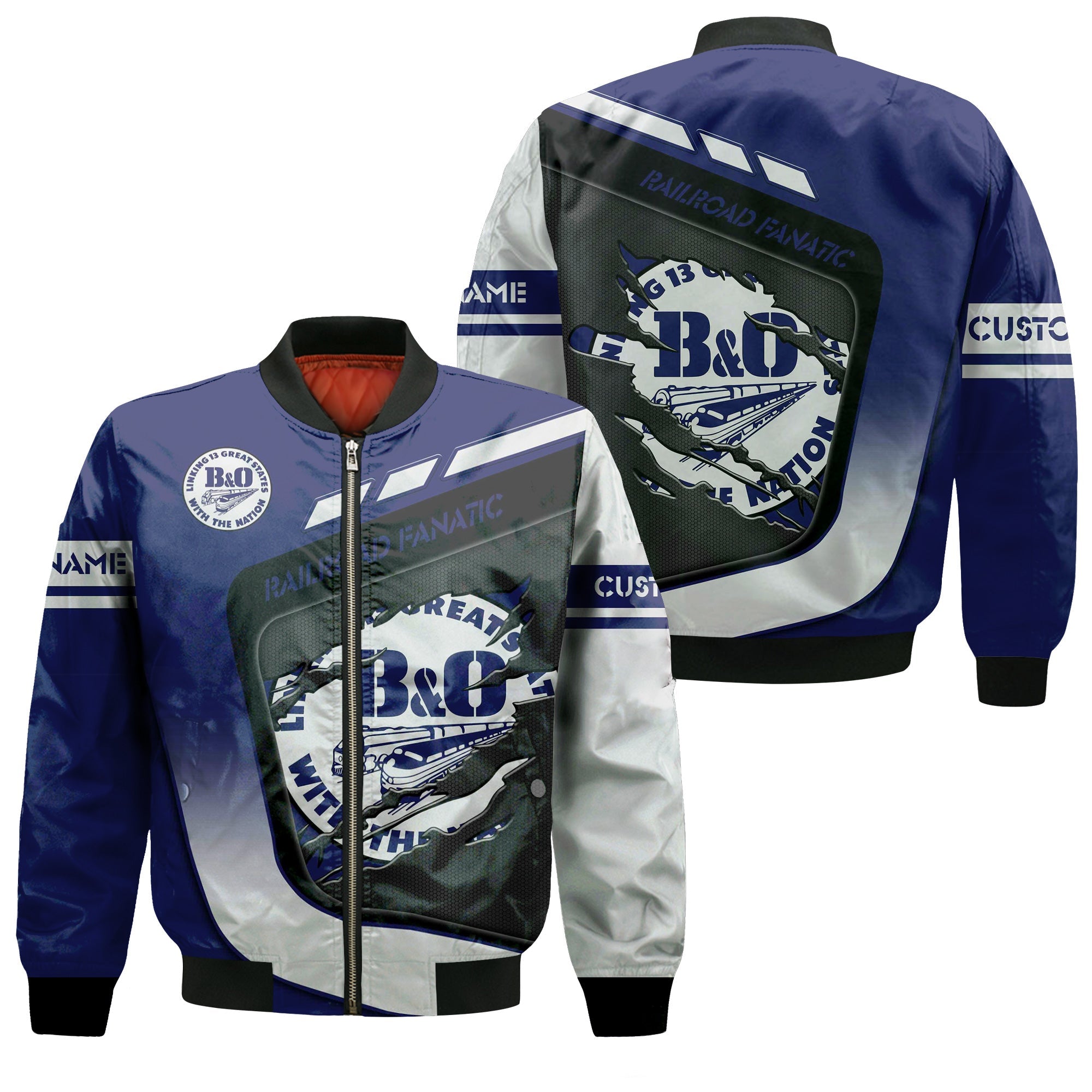 Railspirit Personalized B&O Great States Railroad Bomber Jacket Ripped Texture Style Train Jacket For Railroad Fanatic