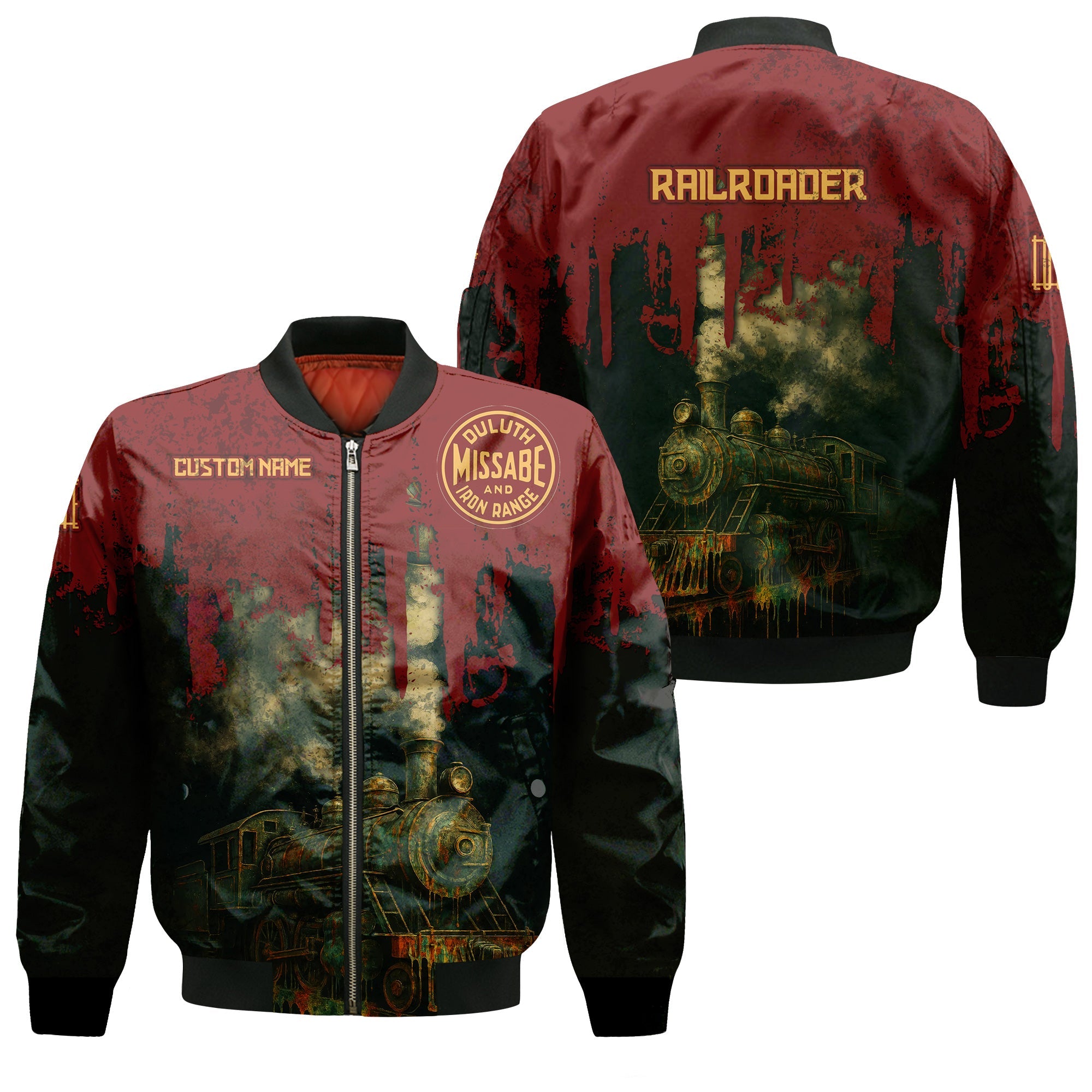 Railspirit Personalized Duluth, Missabe, & Iron Range Railroad Bomber Jacket Vintage Train Art Style Bomber For Locomotive Fans