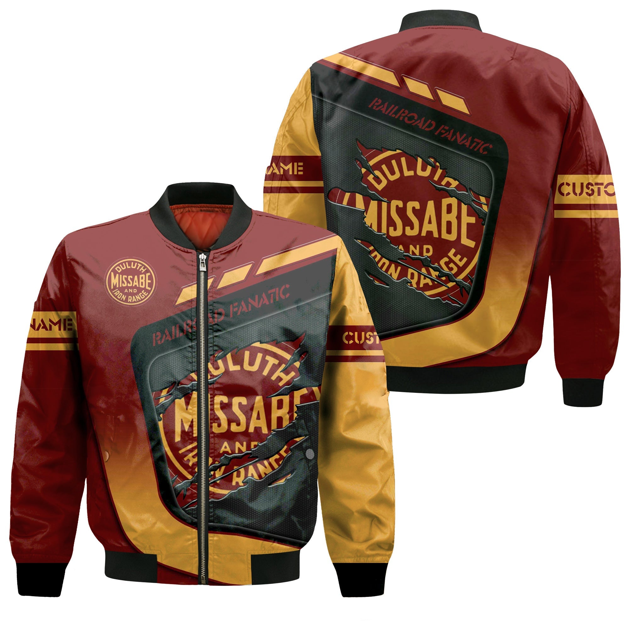 Railspirit Personalized Duluth, Missabe, & Iron Range Railroad Bomber Jacket Ripped Texture Style Train Jacket For Railroad Fanatic