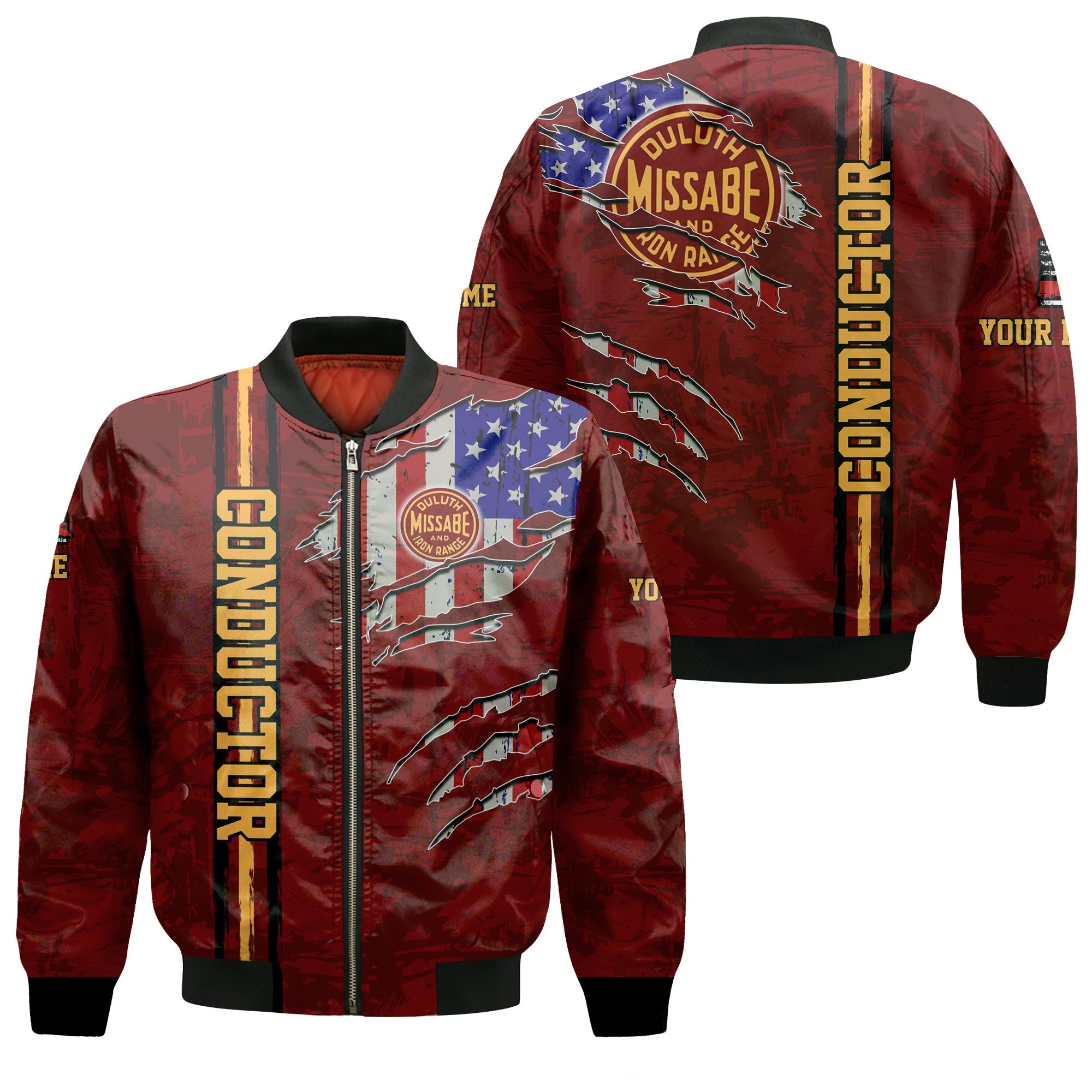 Railspirit Personalized Duluth, Missabe, & Iron Range Railroad Bomber Jacket USA Flag Claw Art with Custom Job Train Jacket