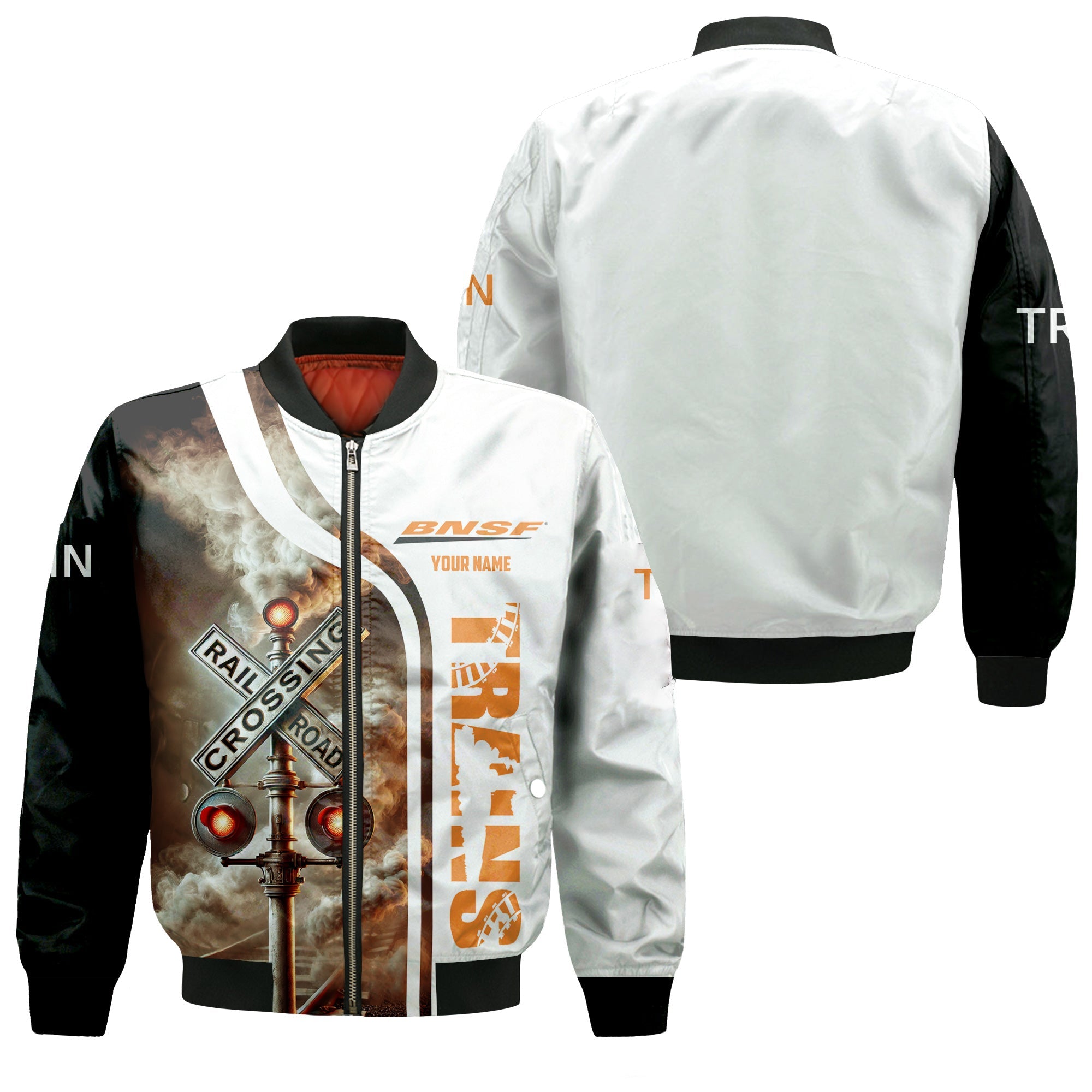 Railspirit Personalized BNSF Railway Bomber Jacket Railroad Crossing Sign Train Bomber All Over Print