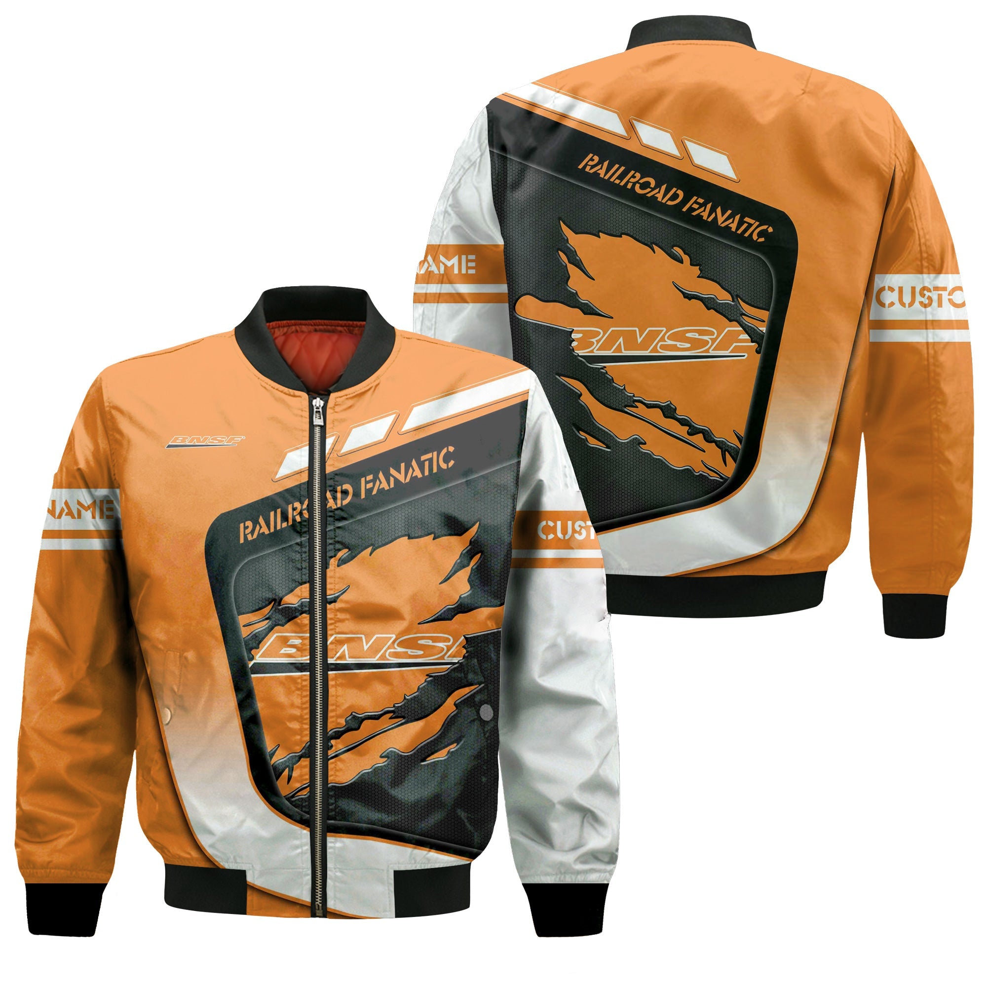 Railspirit Personalized BNSF Railway Bomber Jacket Ripped Texture Style Train Jacket For Railroad Fanatic